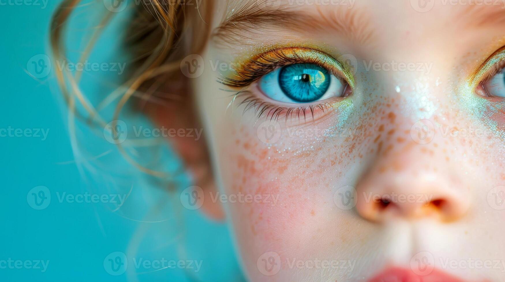 AI generated Close-up, Pretty face of a beautiful child girl with multi colors vivid makeup on minimal background, Generative AI photo