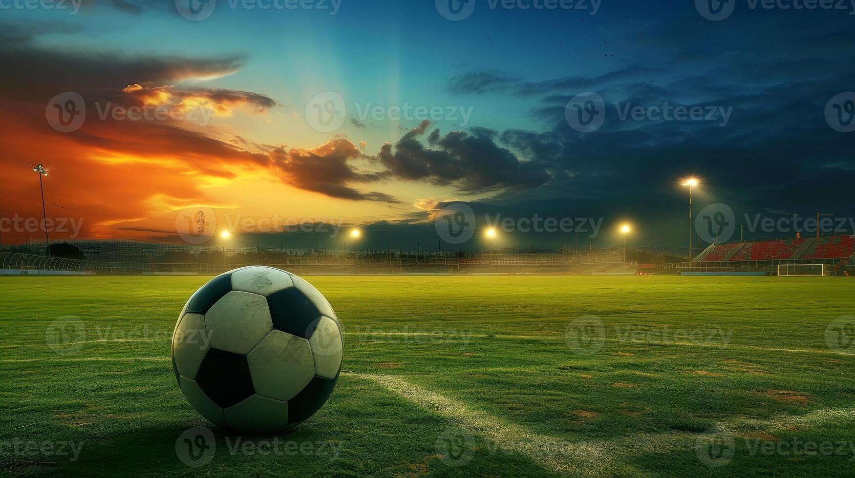 AI generated Close-up of soccer ball in the stadium in the evening light, Generative AI photo