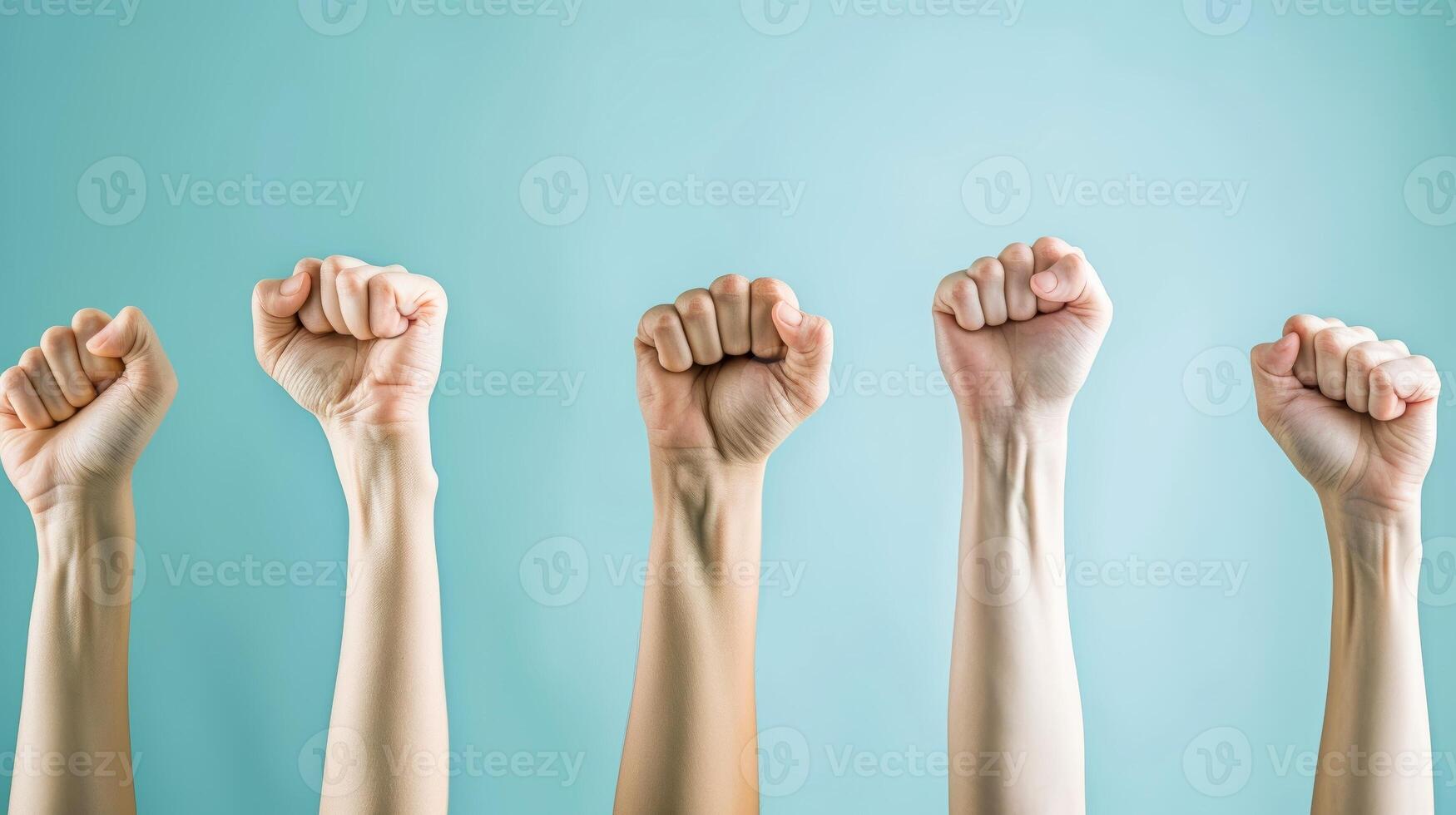 AI generated Close-up, Human raises their right hand displaying the symbol for Women Day awareness, Generative AI photo