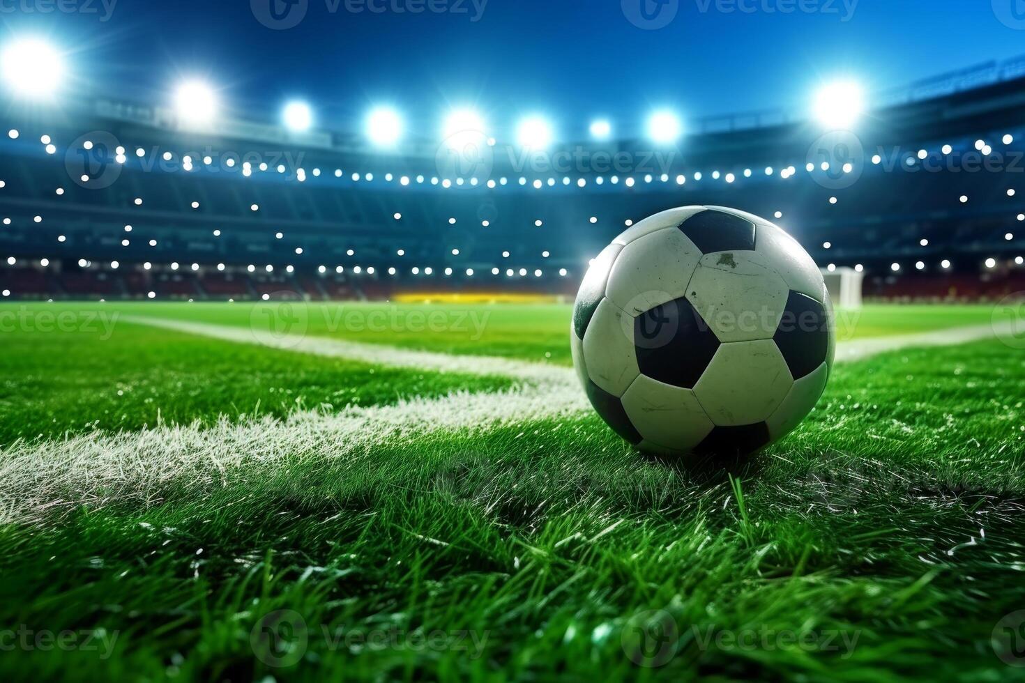 AI generated Close-up of soccer ball in the stadium in the evening light, Generative AI photo