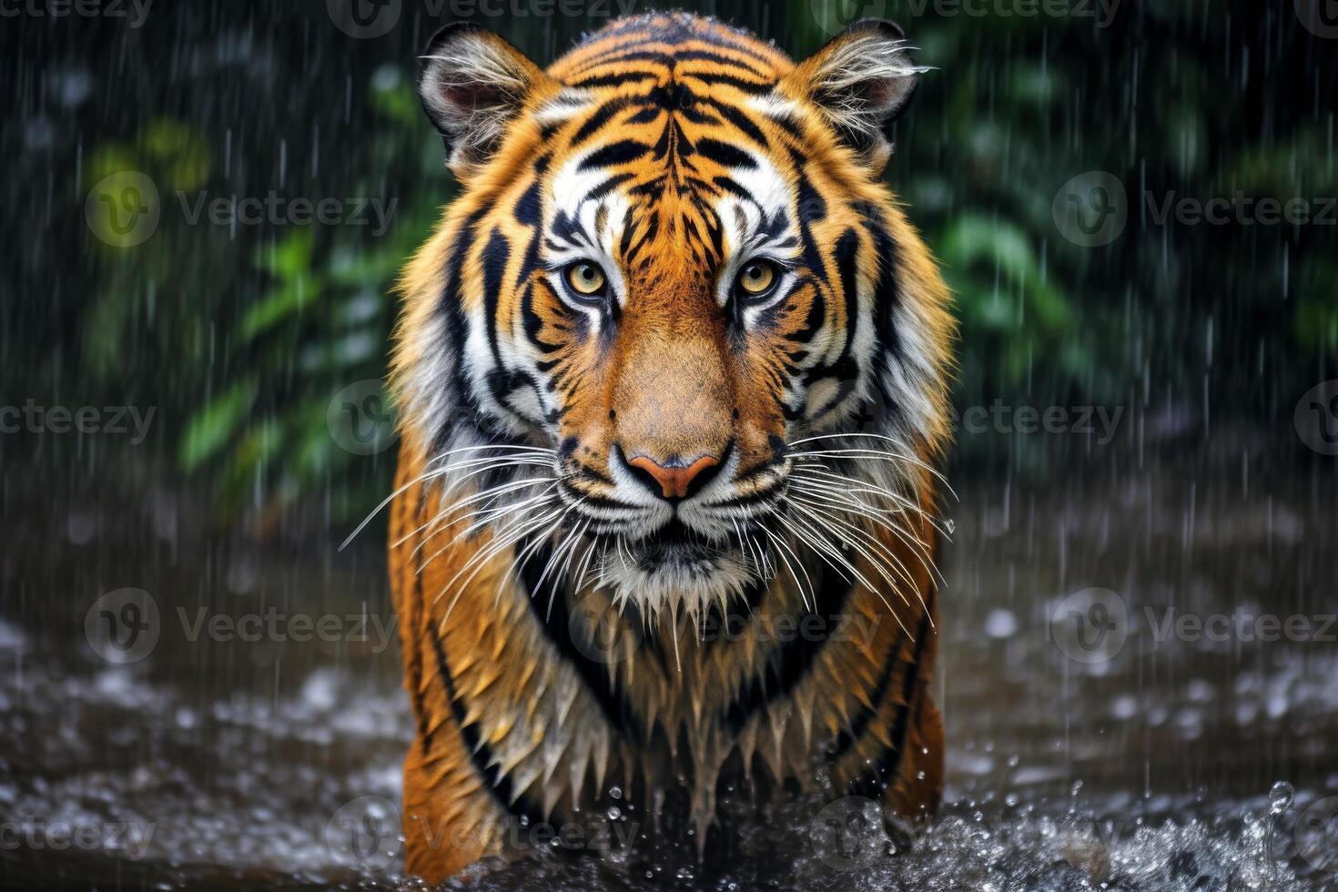 AI generated Close-up portrait of a tiger walking gracefully through river, Generative AI photo