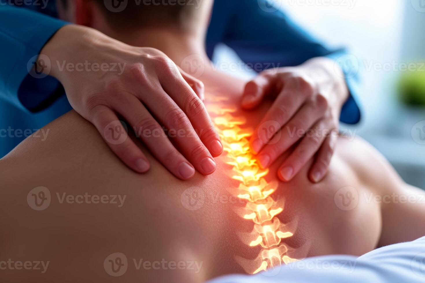 AI generated Close-up, Doctor massaging patient back, back pain physiotherapy, Generative AI photo