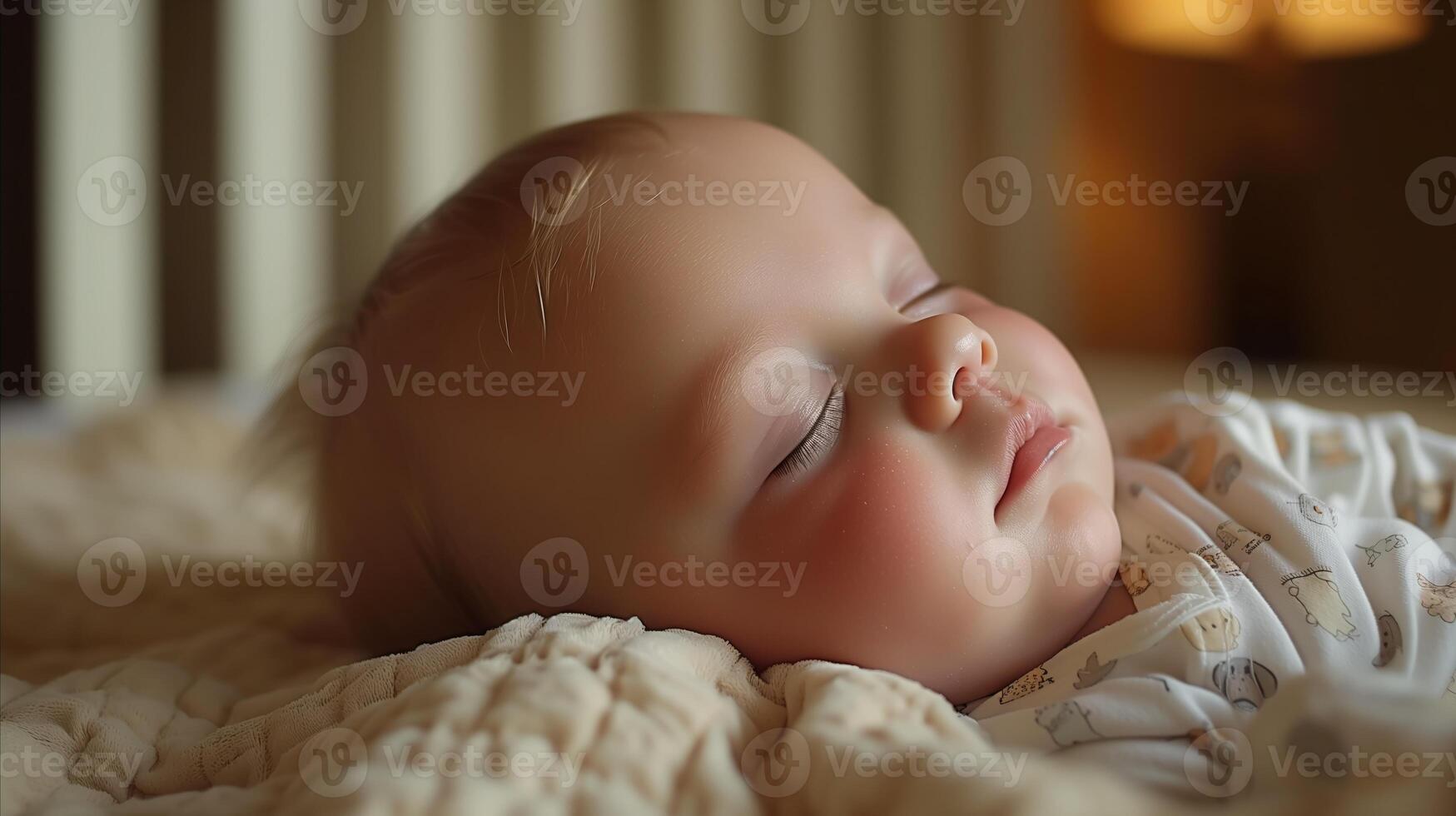 AI generated Peaceful sleeping baby on soft blanket with warm lighting photo