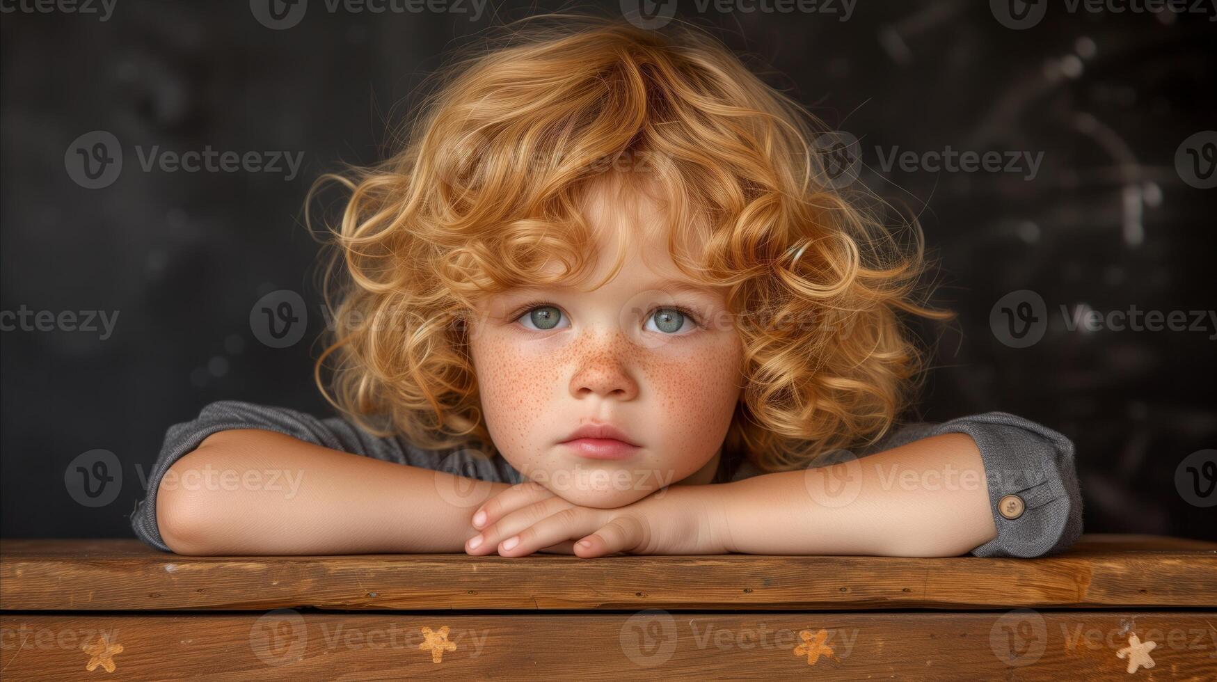 AI generated Portrait of a pensive child with curly hair resting chin on hands photo