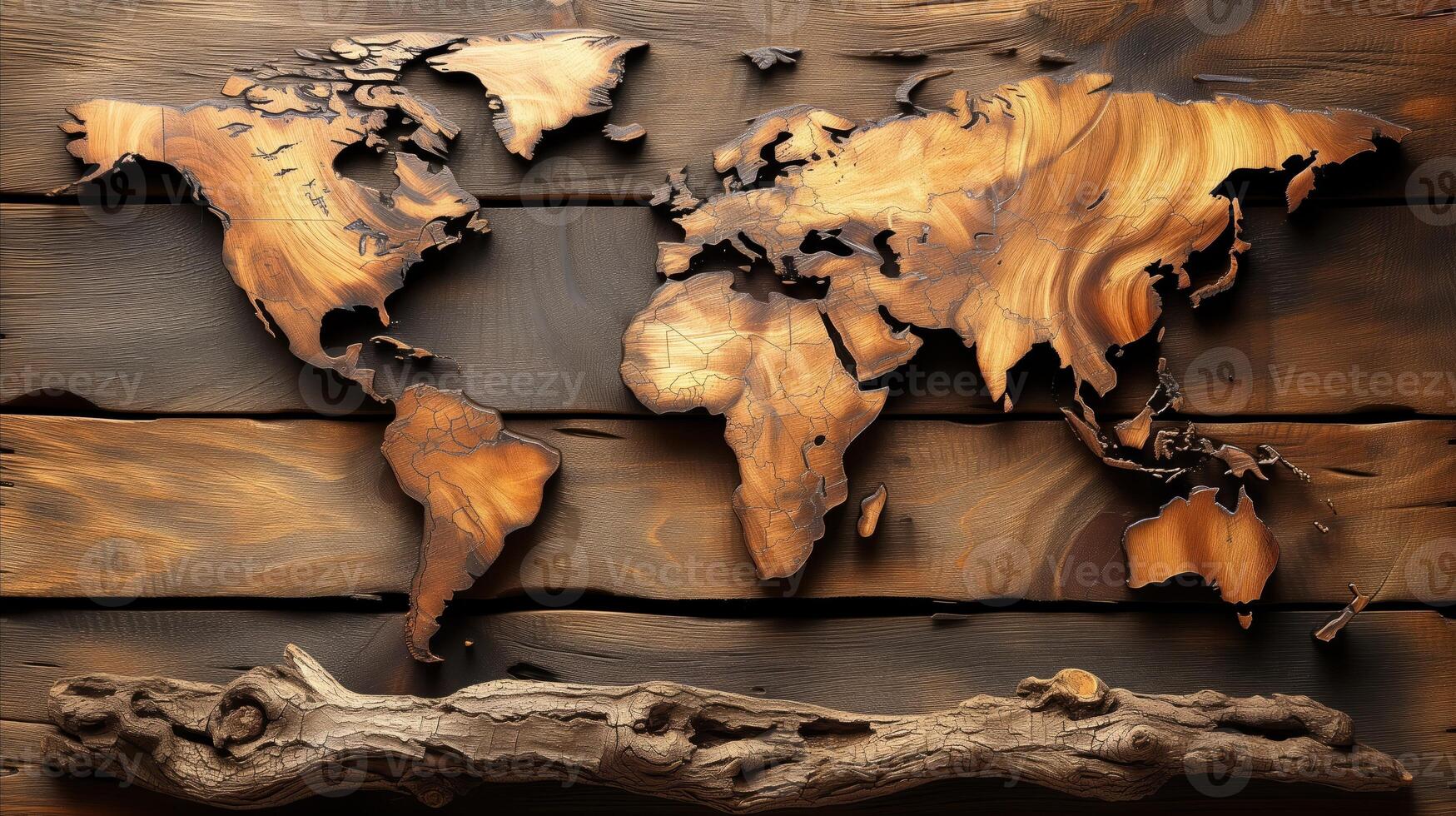 AI generated Artistic wooden world map on rustic plank background concept photo