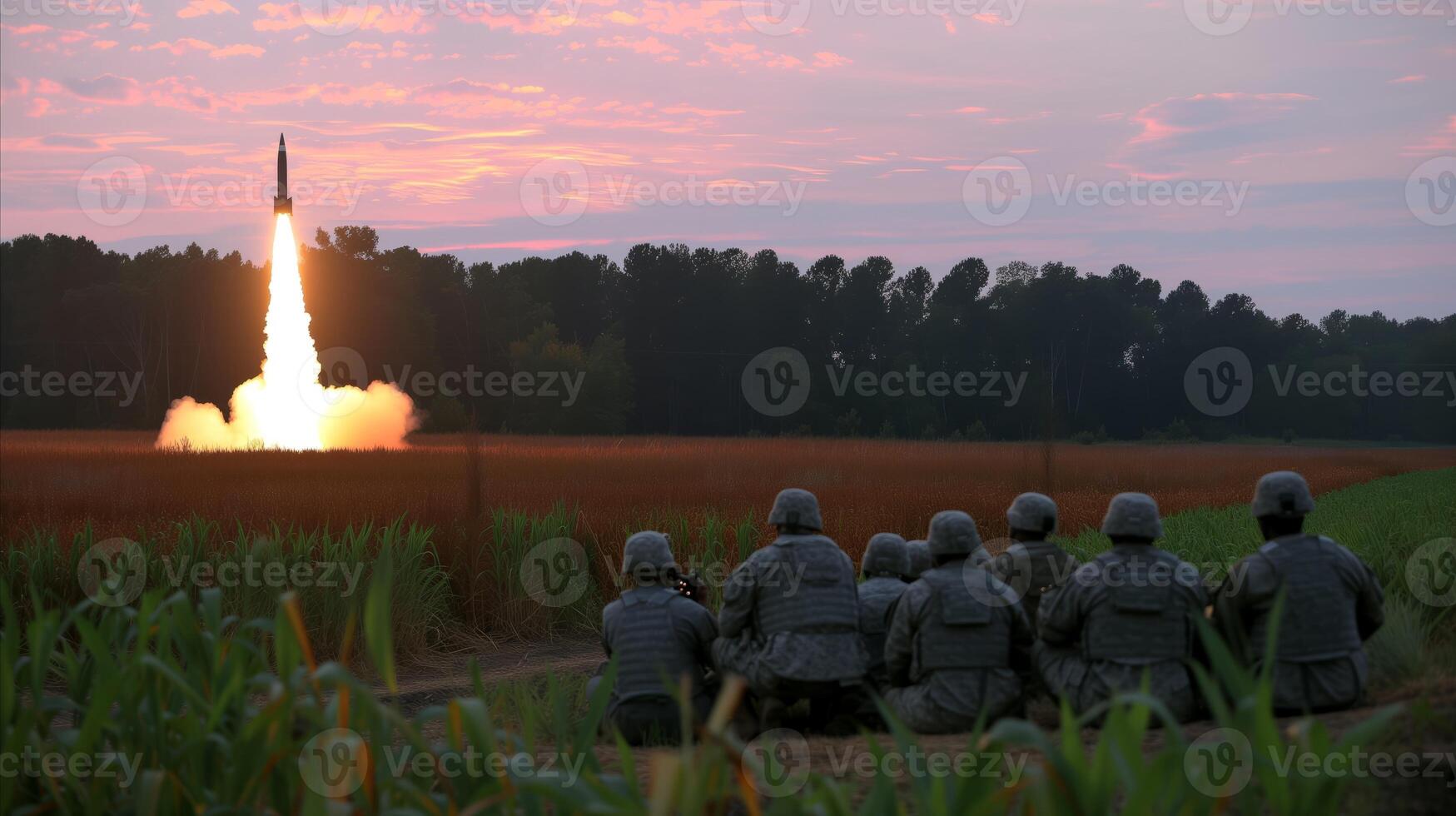 AI generated Military team observing missile launch at dusk in countryside photo
