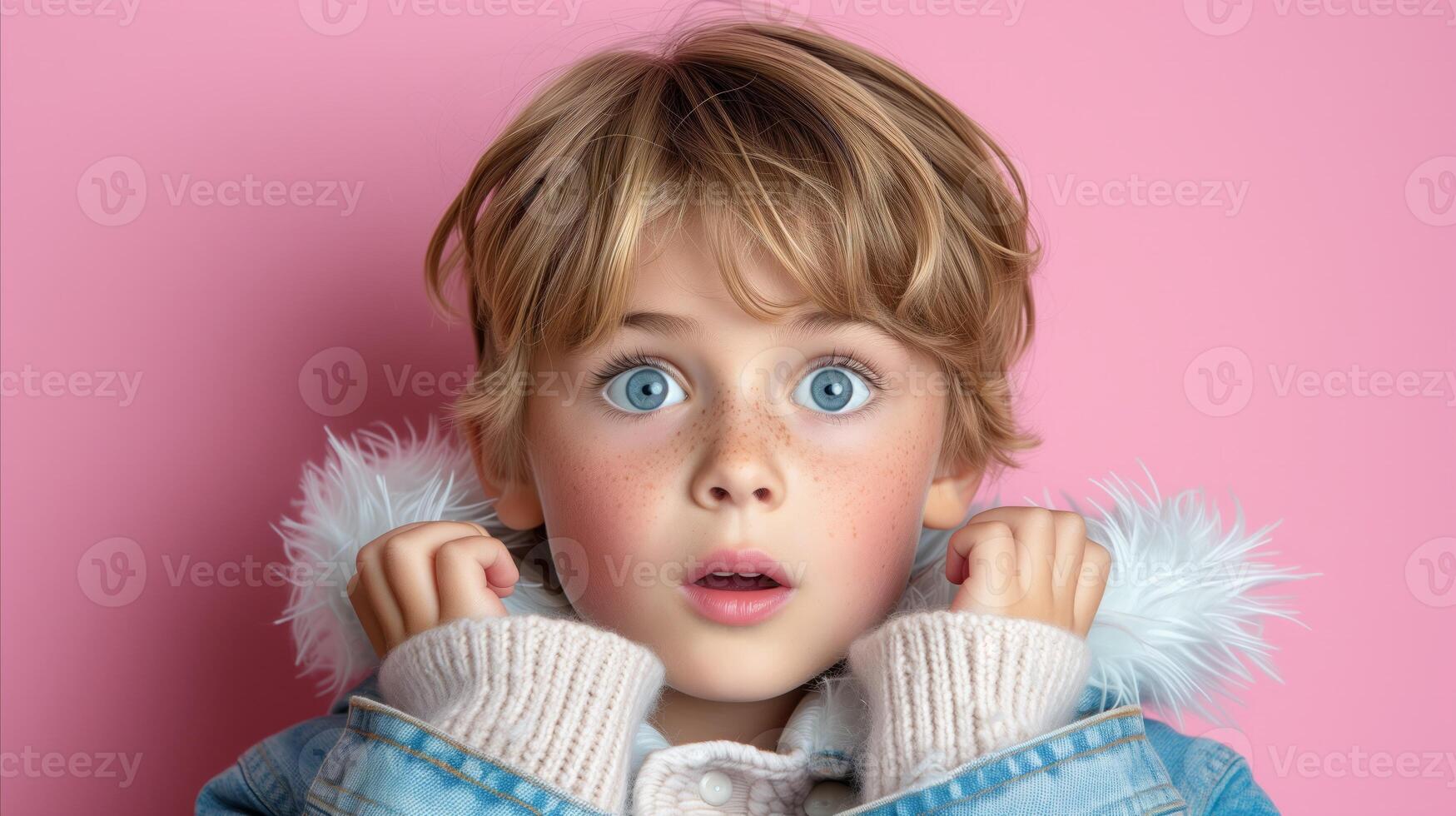 AI generated Surprised child with blue eyes holding feather on pink background photo