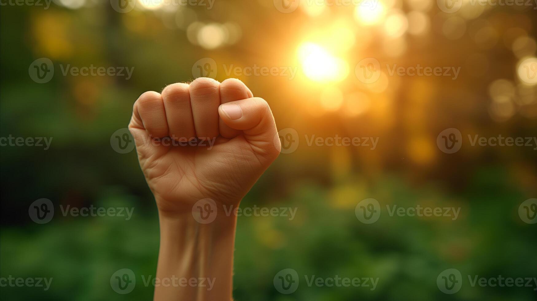 AI generated Raised fist symbolizing strength and power at sunset in nature photo