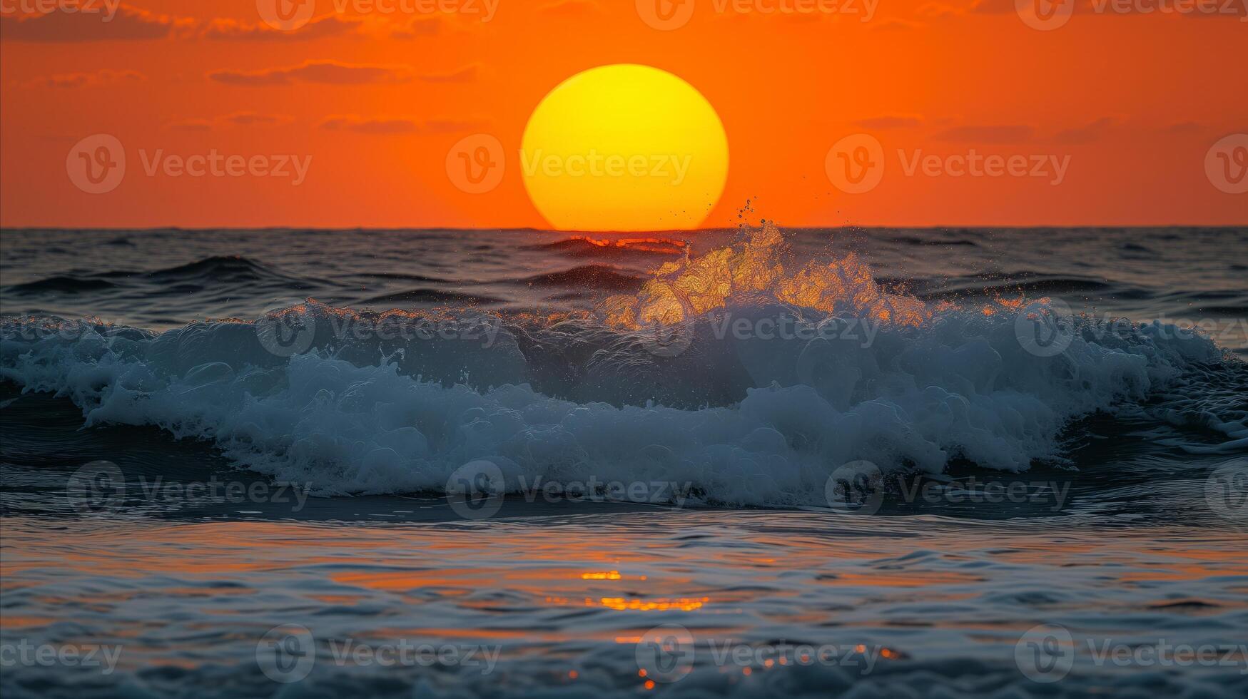 AI generated Serene sunset over ocean waves with vibrant orange sky photo