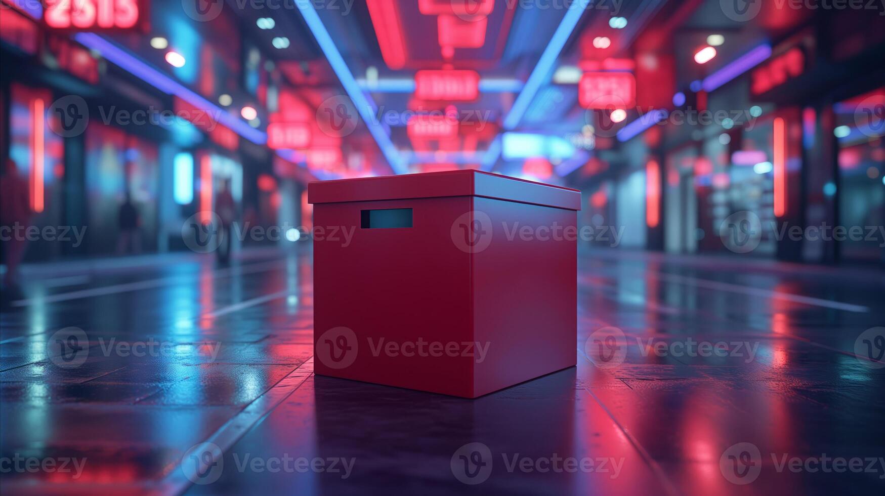 AI generated Mysterious red box in a futuristic neon-lit corridor photo