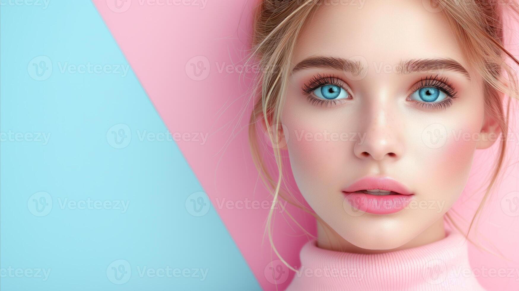 AI generated Beautiful young woman with stunning blue eyes and pink attire on a dual-color background photo