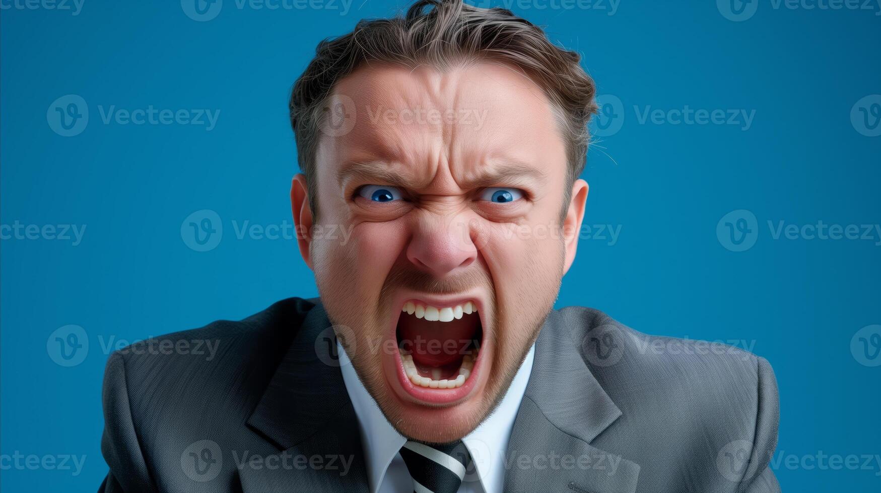 AI generated Angry businessman screaming in suit against blue background photo