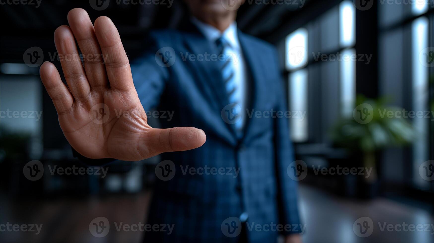 AI generated Professional businessman in suit gesturing stop with open hand in office setting photo