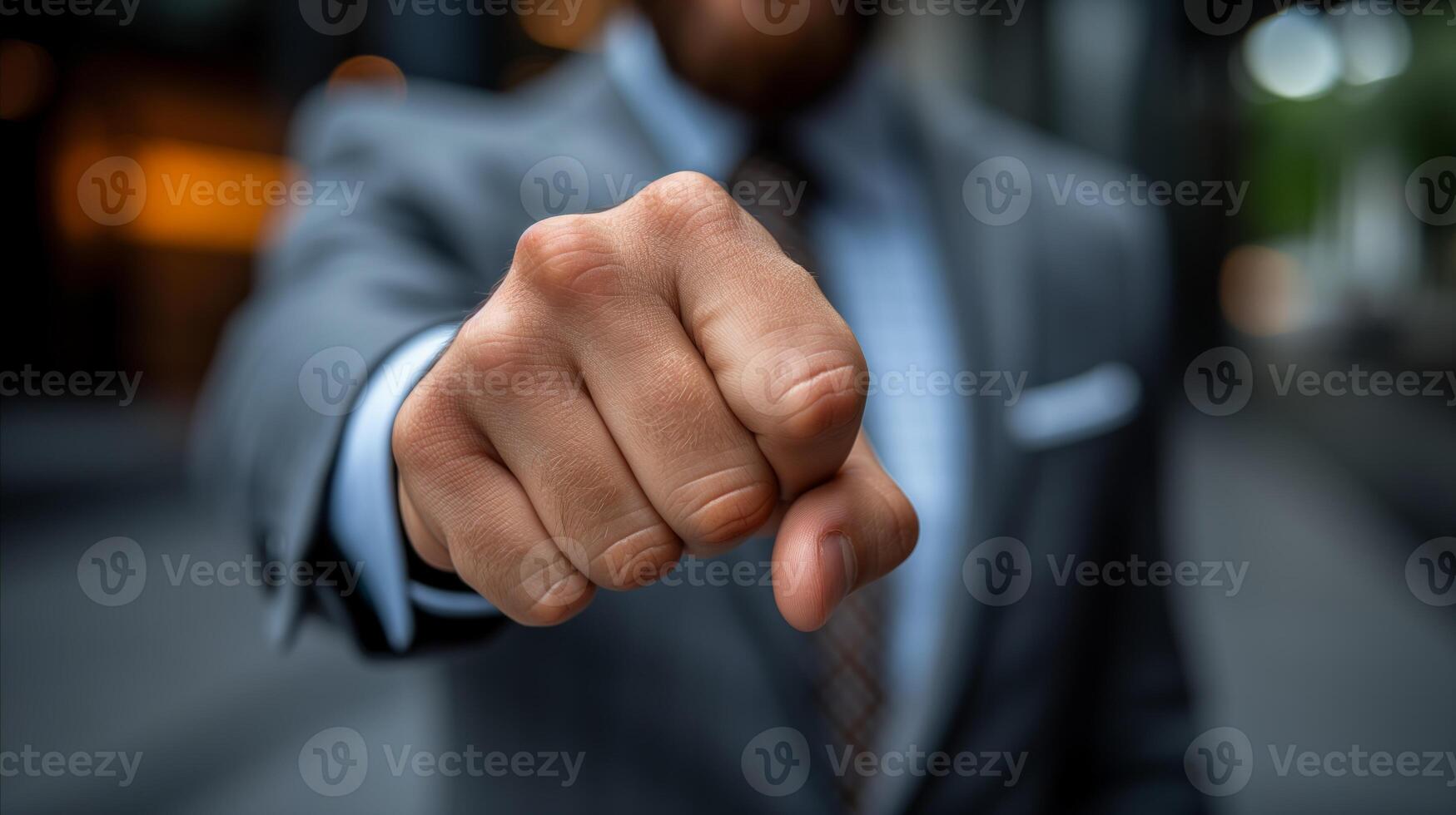 AI generated Confident businessman in suit pointing forward, urban background photo