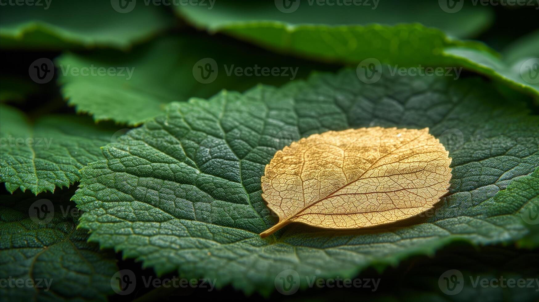 AI generated Golden leaf on green foliage close up concept of uniqueness and nature photo