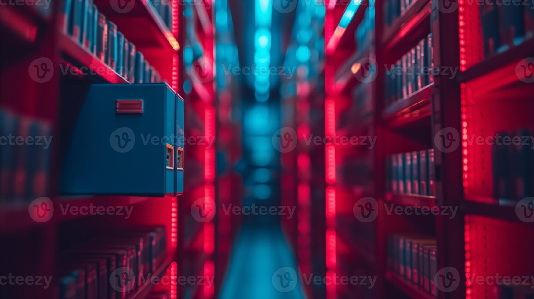 AI generated Red-Hued Library Aisle With Books at Dusk photo