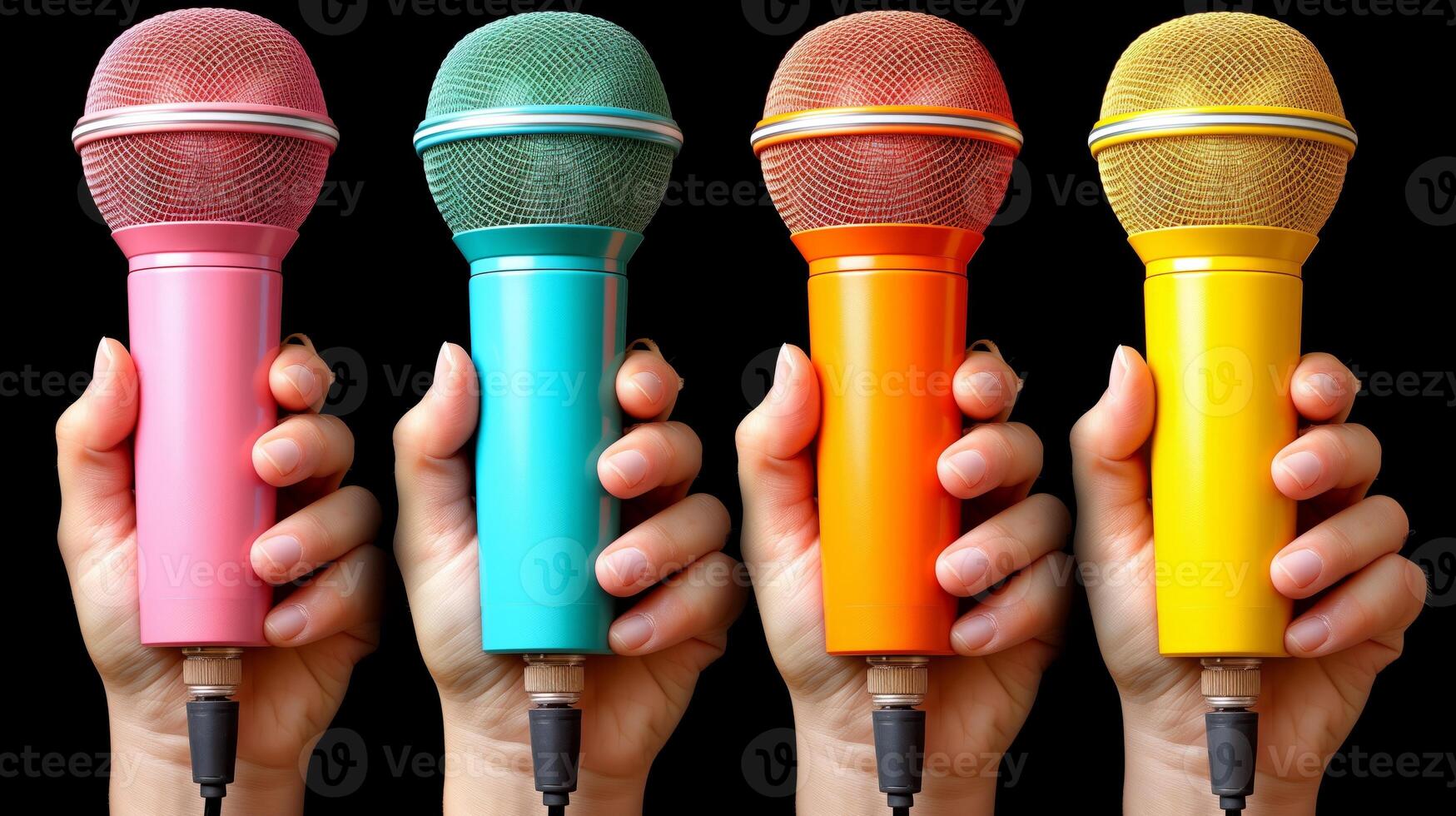 AI generated Colorful Microphones Held in Hands Against Black Background photo