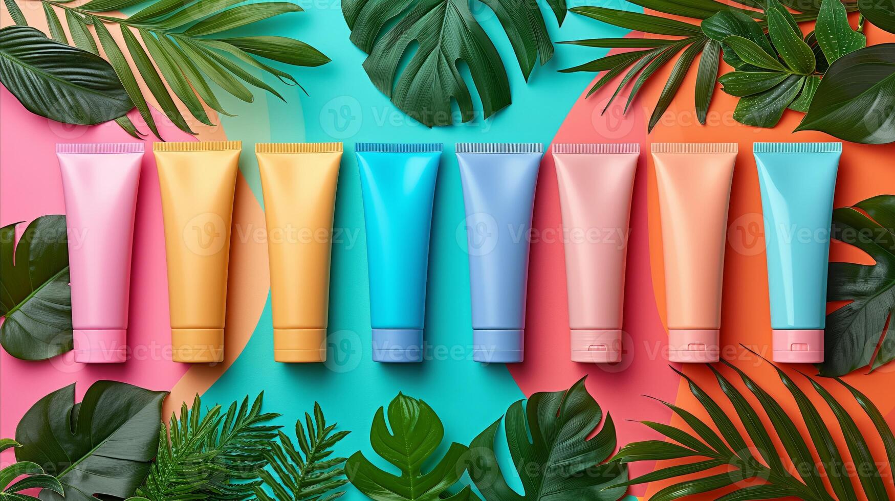 AI generated Colorful Skincare Tubes With Tropical Leaves on Dual-Tone Background photo