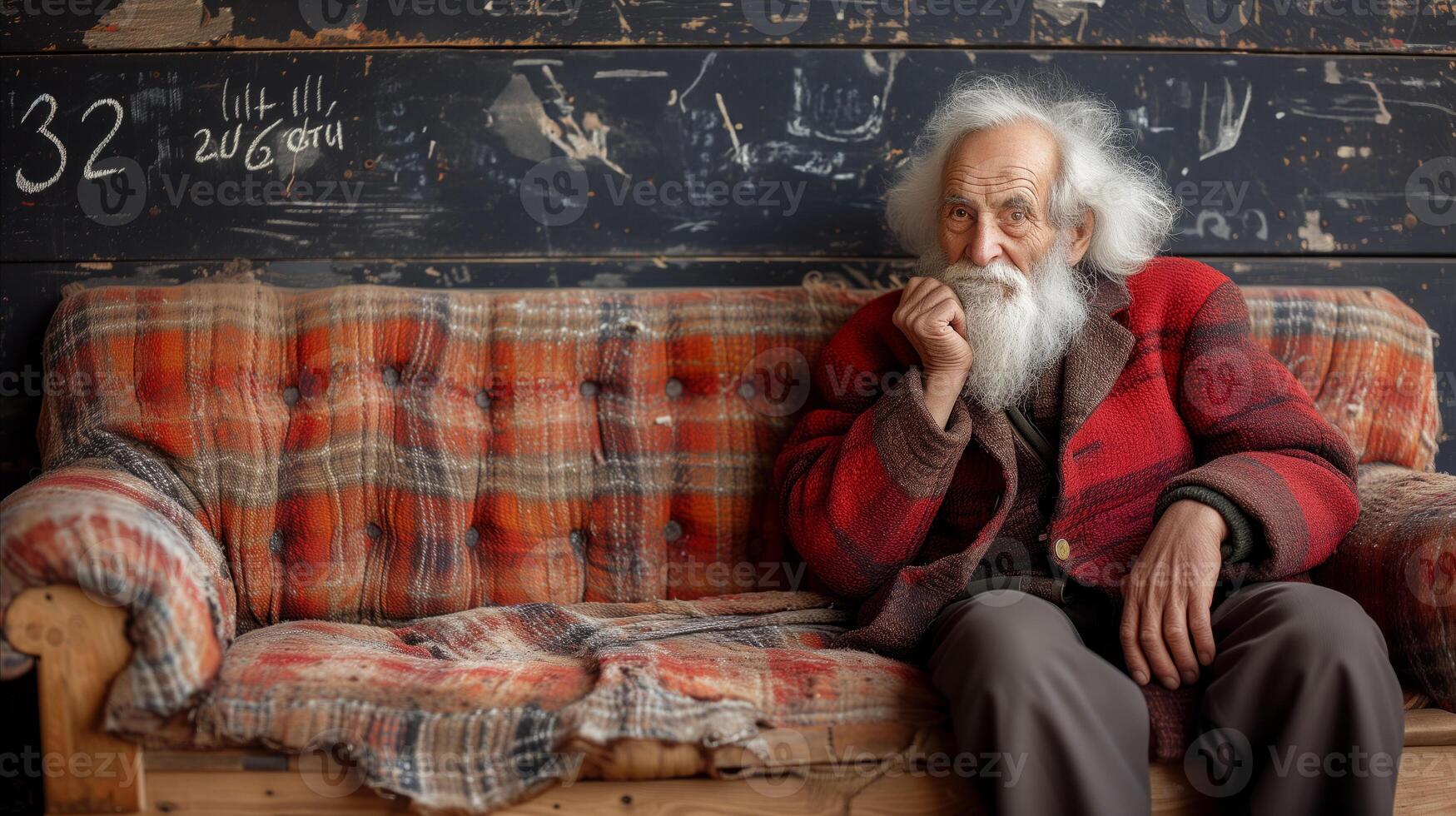 AI generated Elderly Man Sitting on Plaid Couch Deep in Thought photo