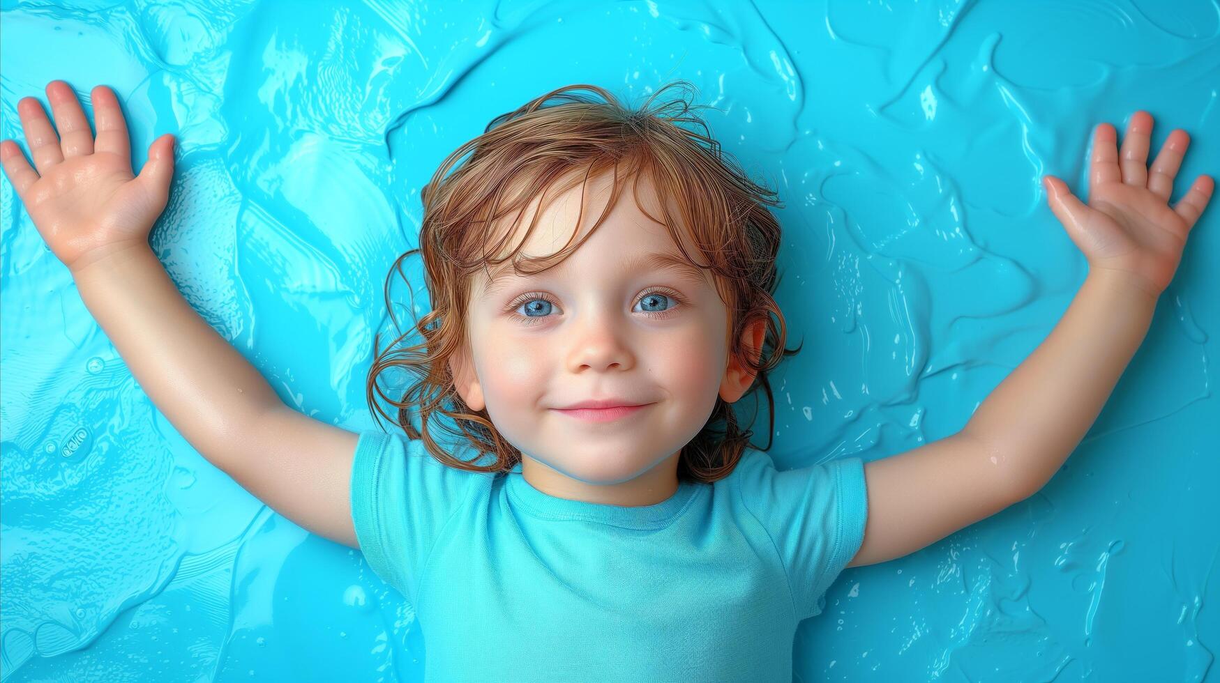 AI generated Smiling Child Lying on a Blue Textured Surface photo