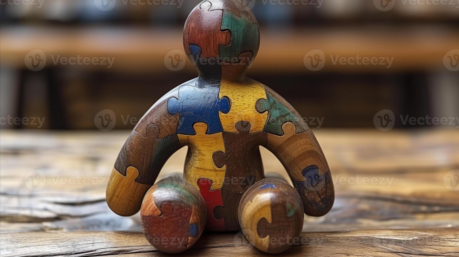 AI generated Wooden puzzle figure sitting on a table conceptualizing complexity and problem solving photo
