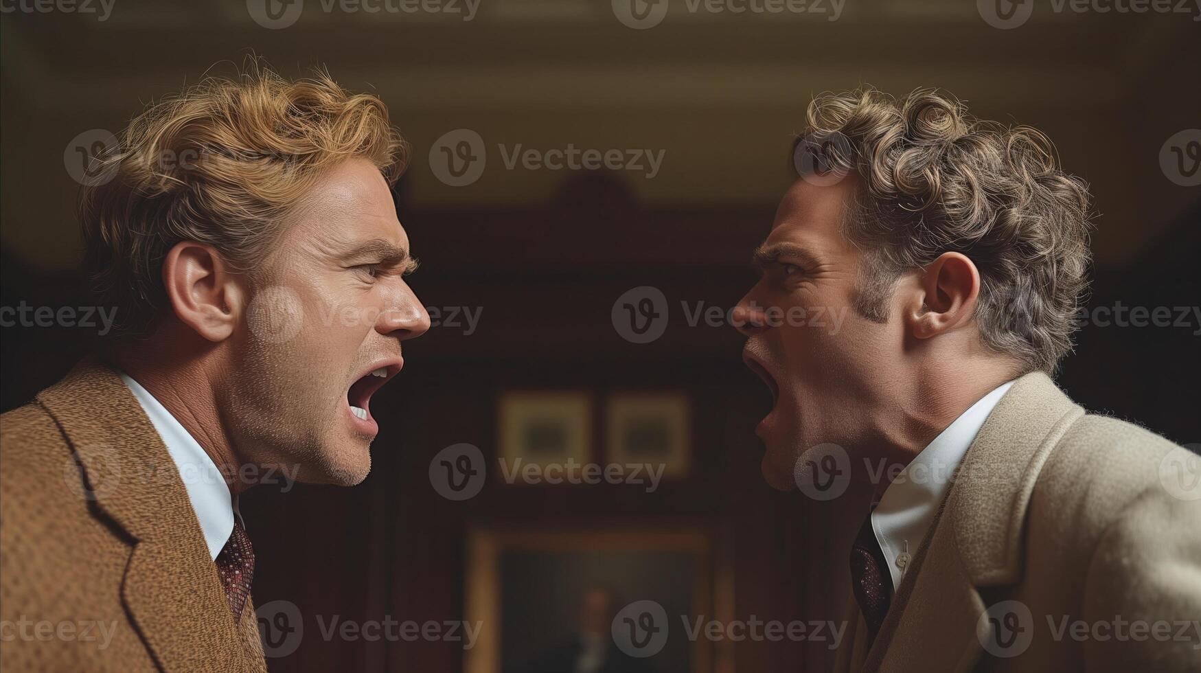 AI generated Intense argument between two men in suit jackets indoors photo
