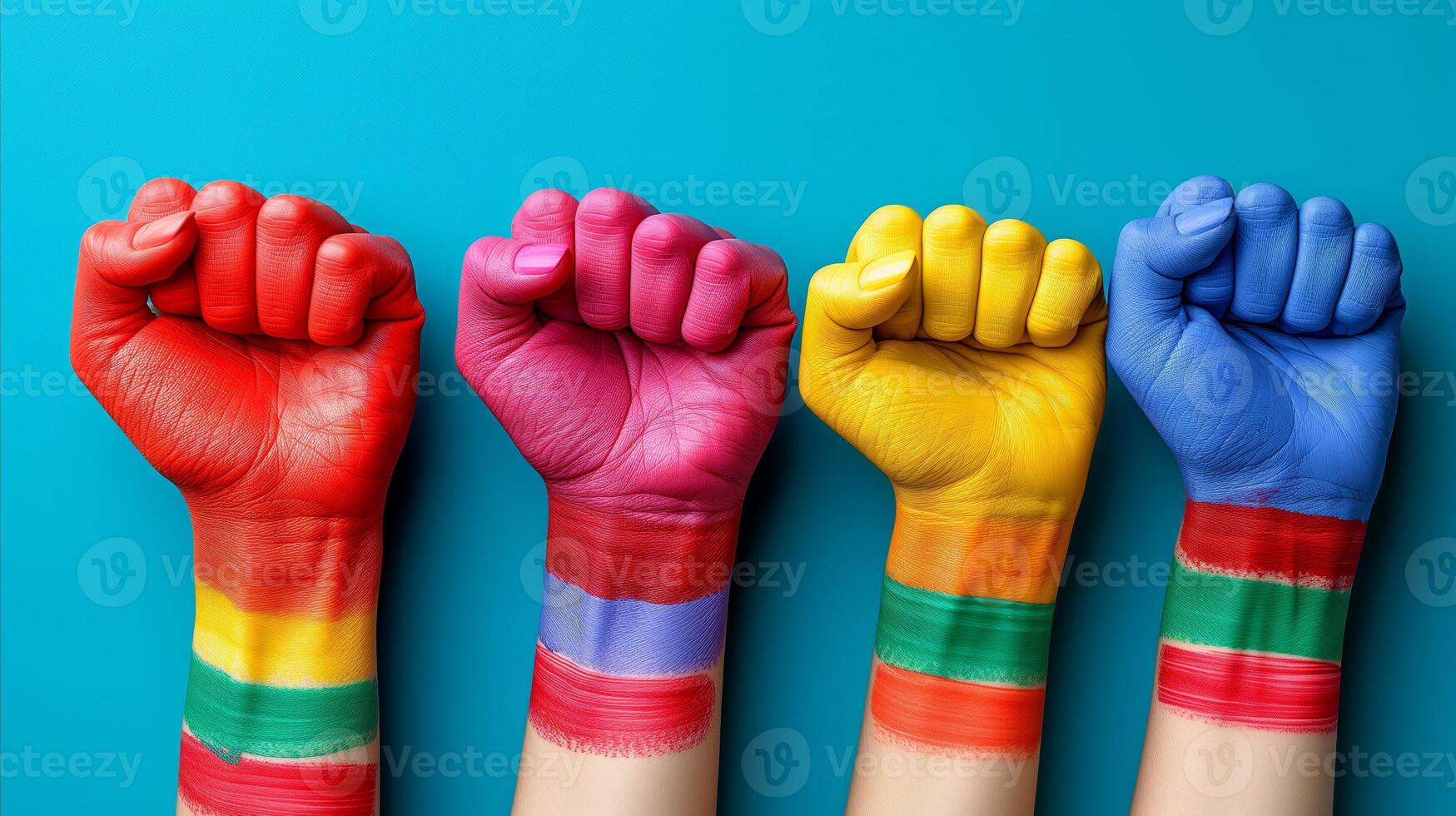 AI generated Colorful painted hands raised in solidarity on teal background photo