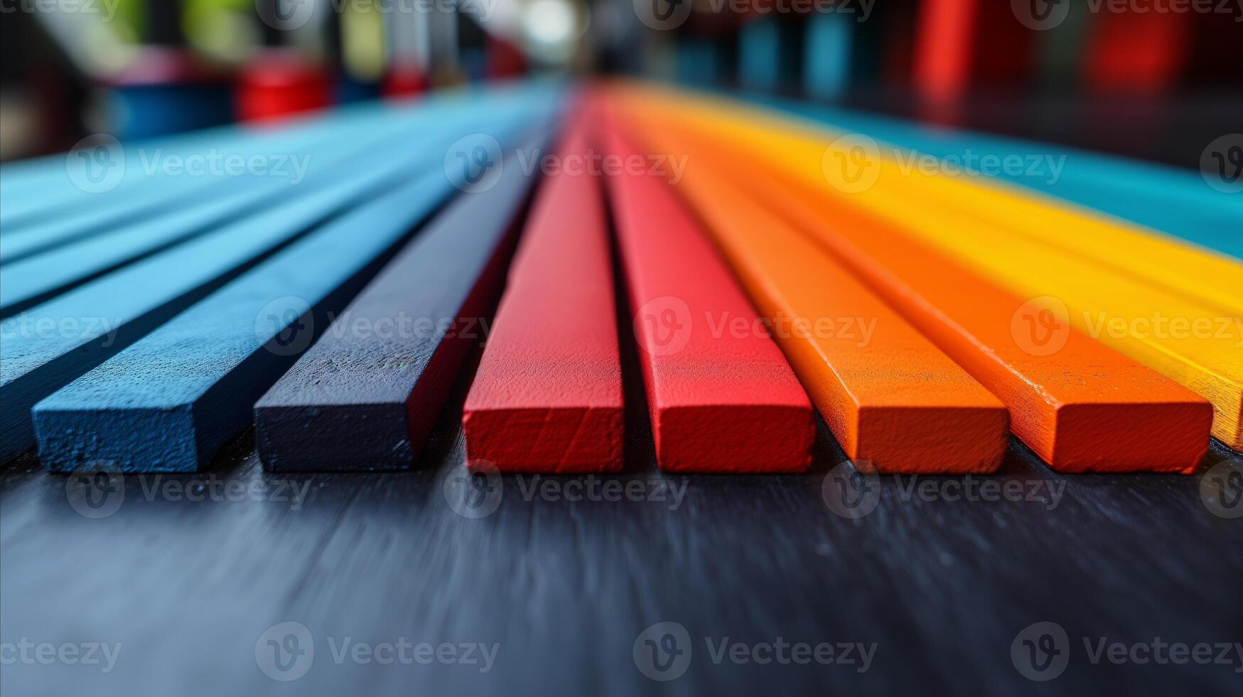 AI generated Vibrant colored wooden planks arranged in a spectrum on a dark background photo
