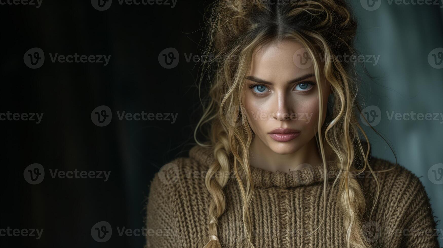 AI generated Intense Gaze of a Woman With Blonde Curly Hair in Knitted Sweater photo