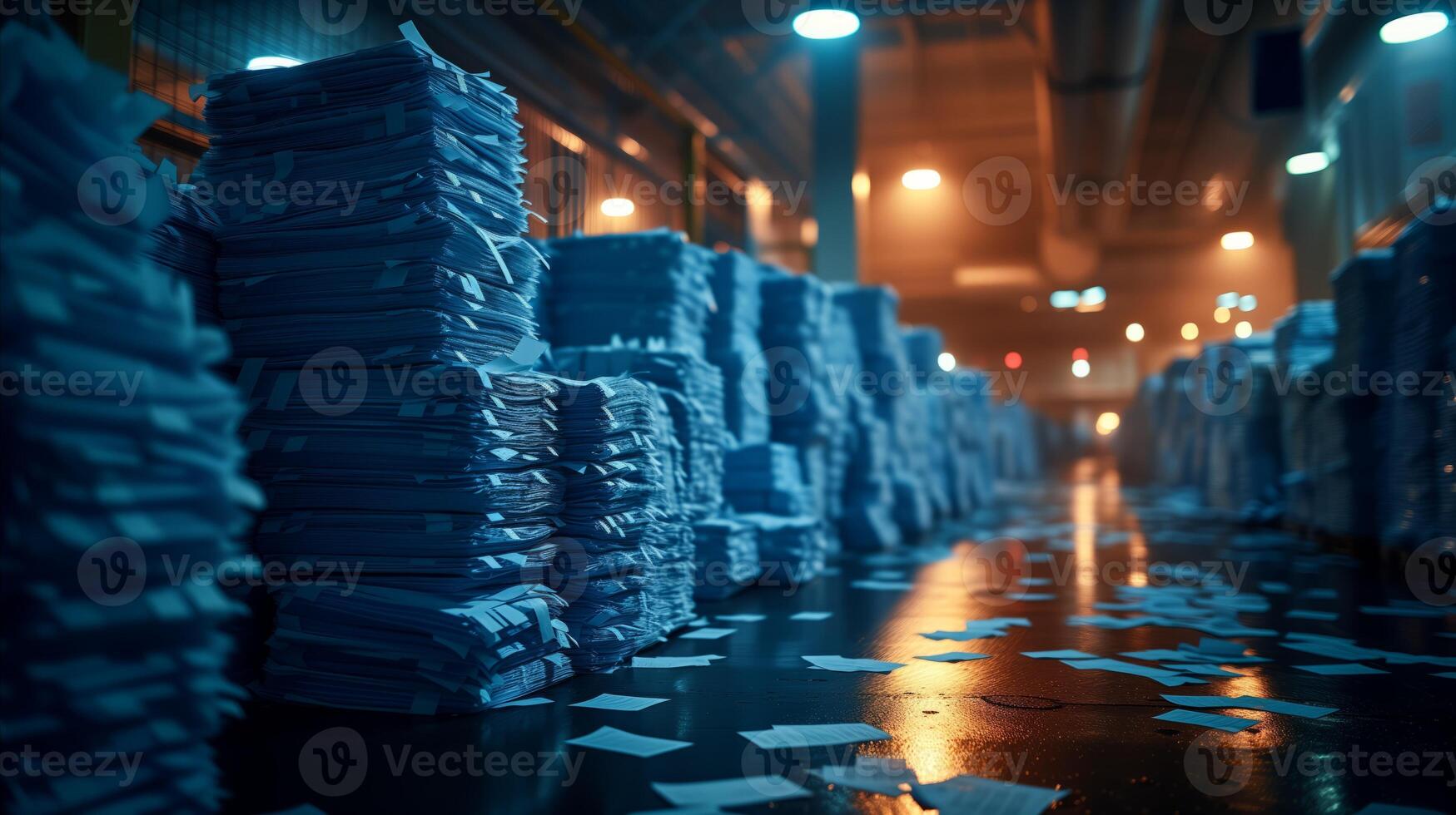 AI generated Stacks of paper in moody warehouse illuminated by warm light photo