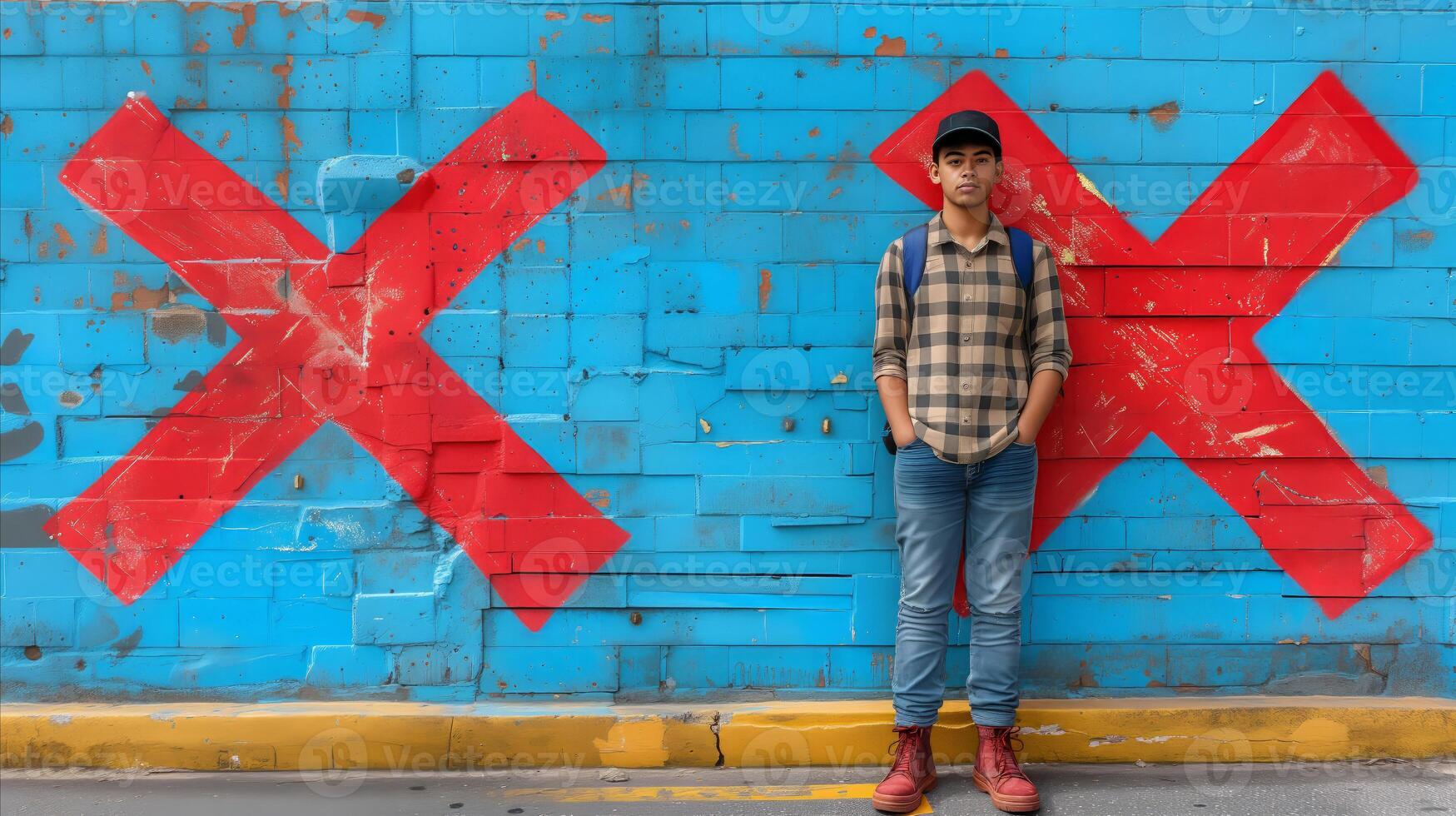 AI generated Young man standing against urban graffiti wall with bold red x pattern photo