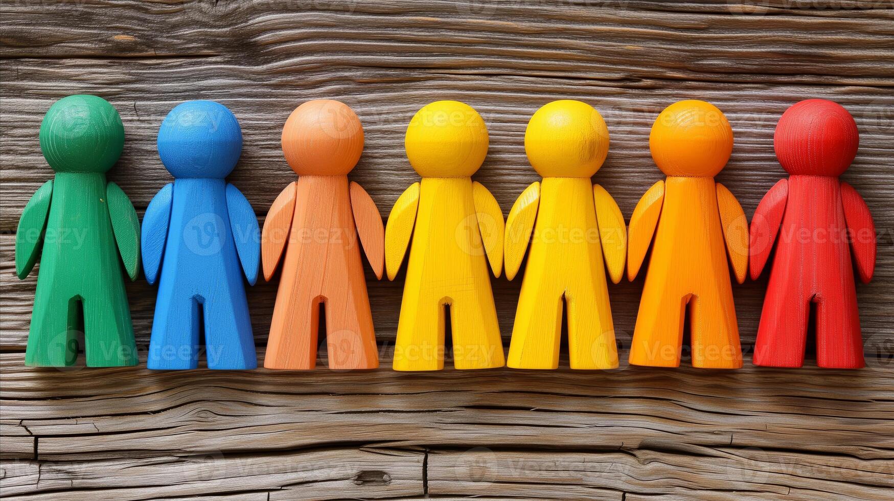 AI generated Colorful wooden figures standing in a row on wooden background photo
