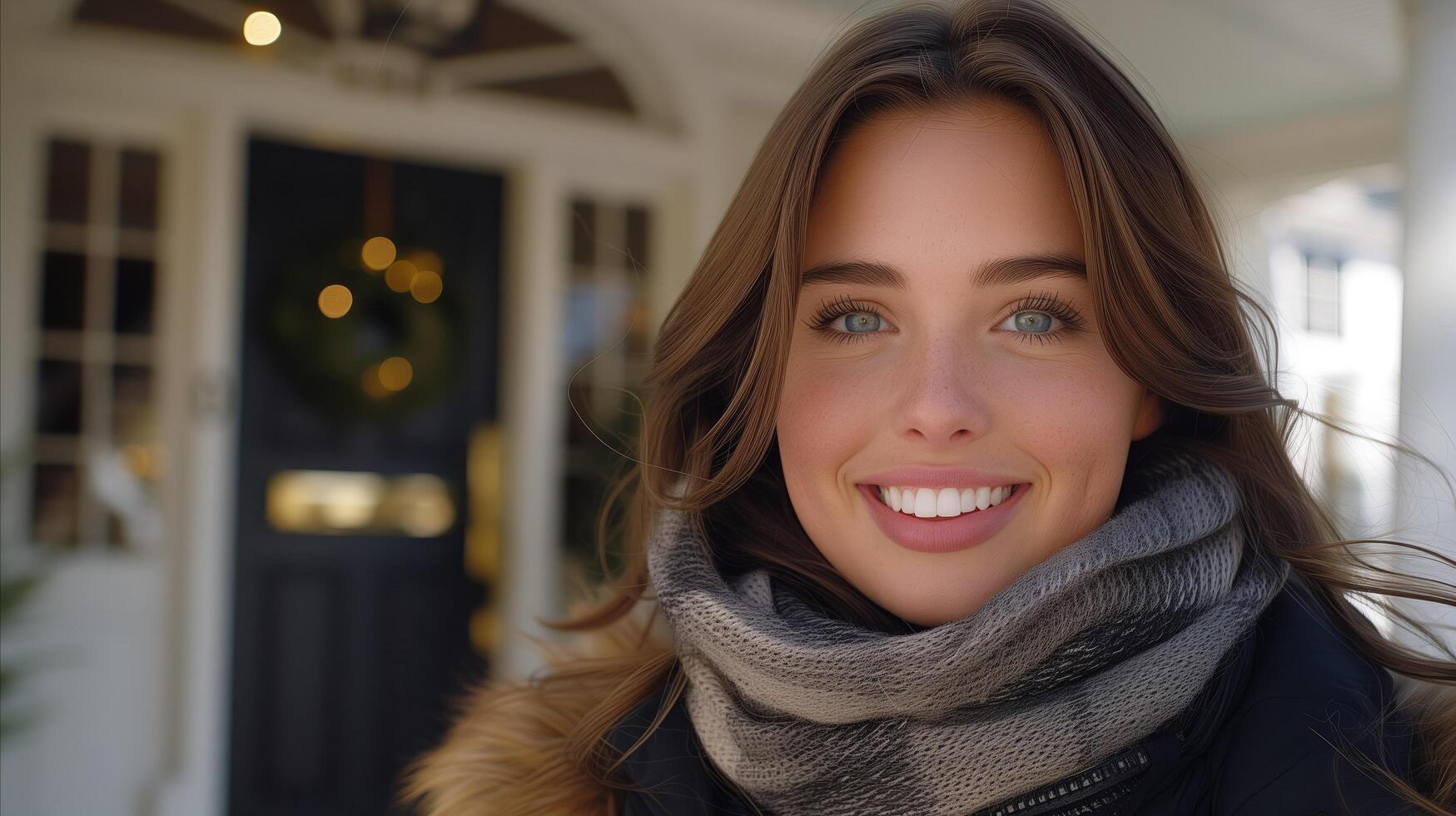 AI generated Smiling Woman in Winter Attire Outside a Festive Home photo