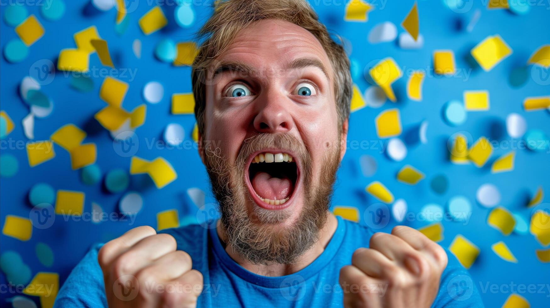 AI generated Excited man celebrating success with confetti on blue background photo