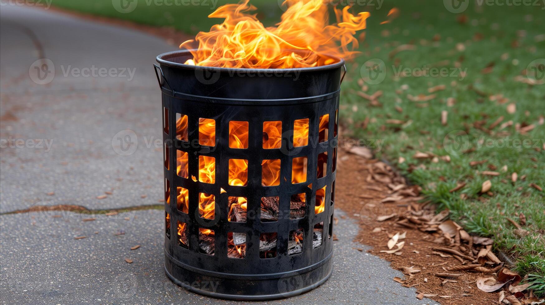 AI generated Blazing Trash Can Fire on a Suburban Sidewalk photo