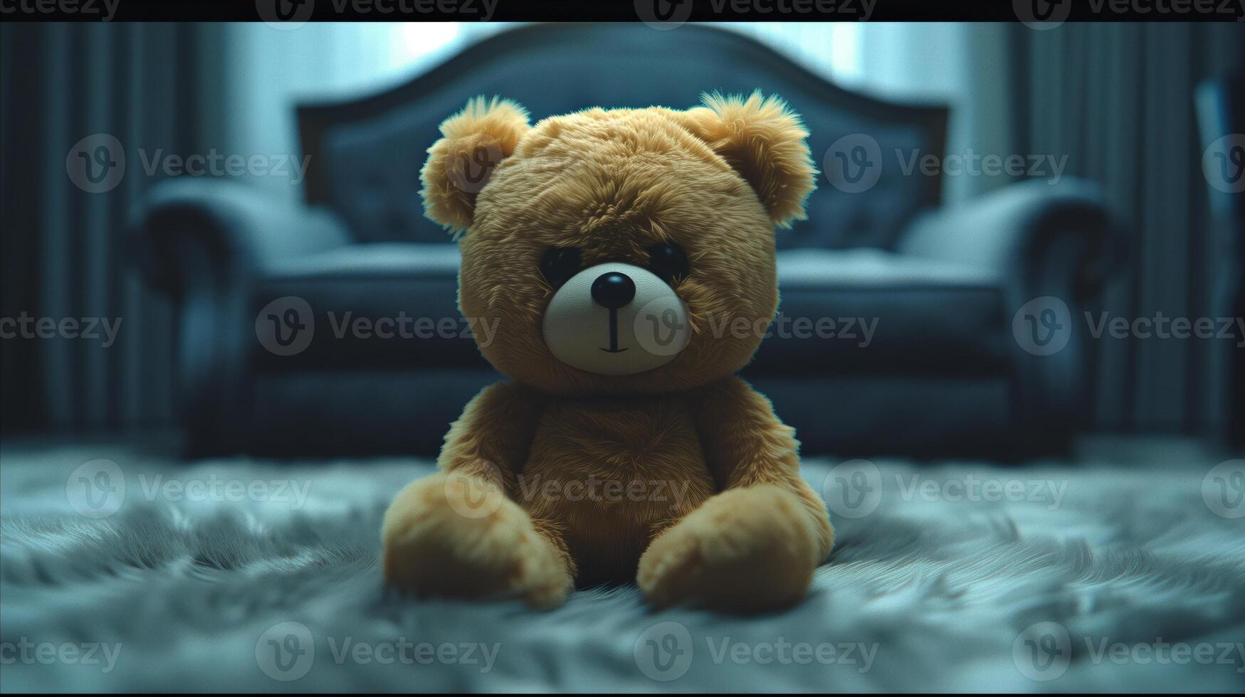 AI generated Lonely teddy bear sitting on carpet with moody ambient lighting photo