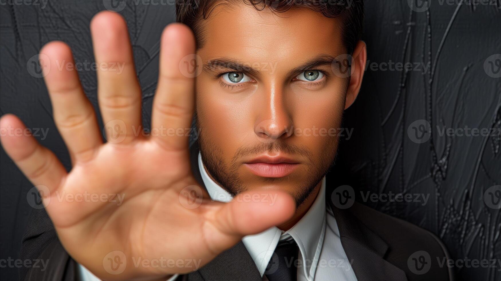 AI generated Confident businessman gesturing stop with hand, serious expression photo