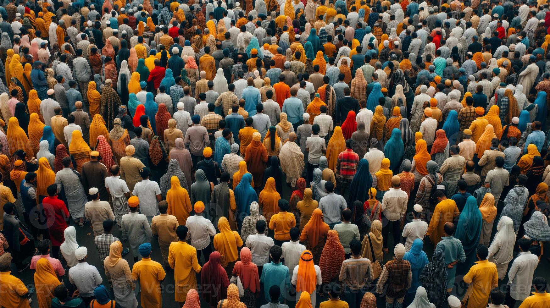 AI generated Diverse crowd from above, colorful gathering, community event photo