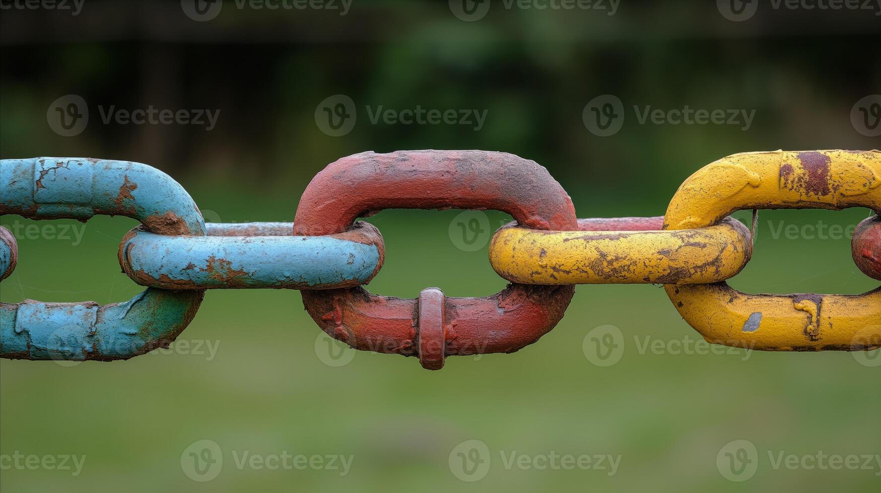 AI generated Colorful Painted Metal Chain Links Against Blurred Green Background photo