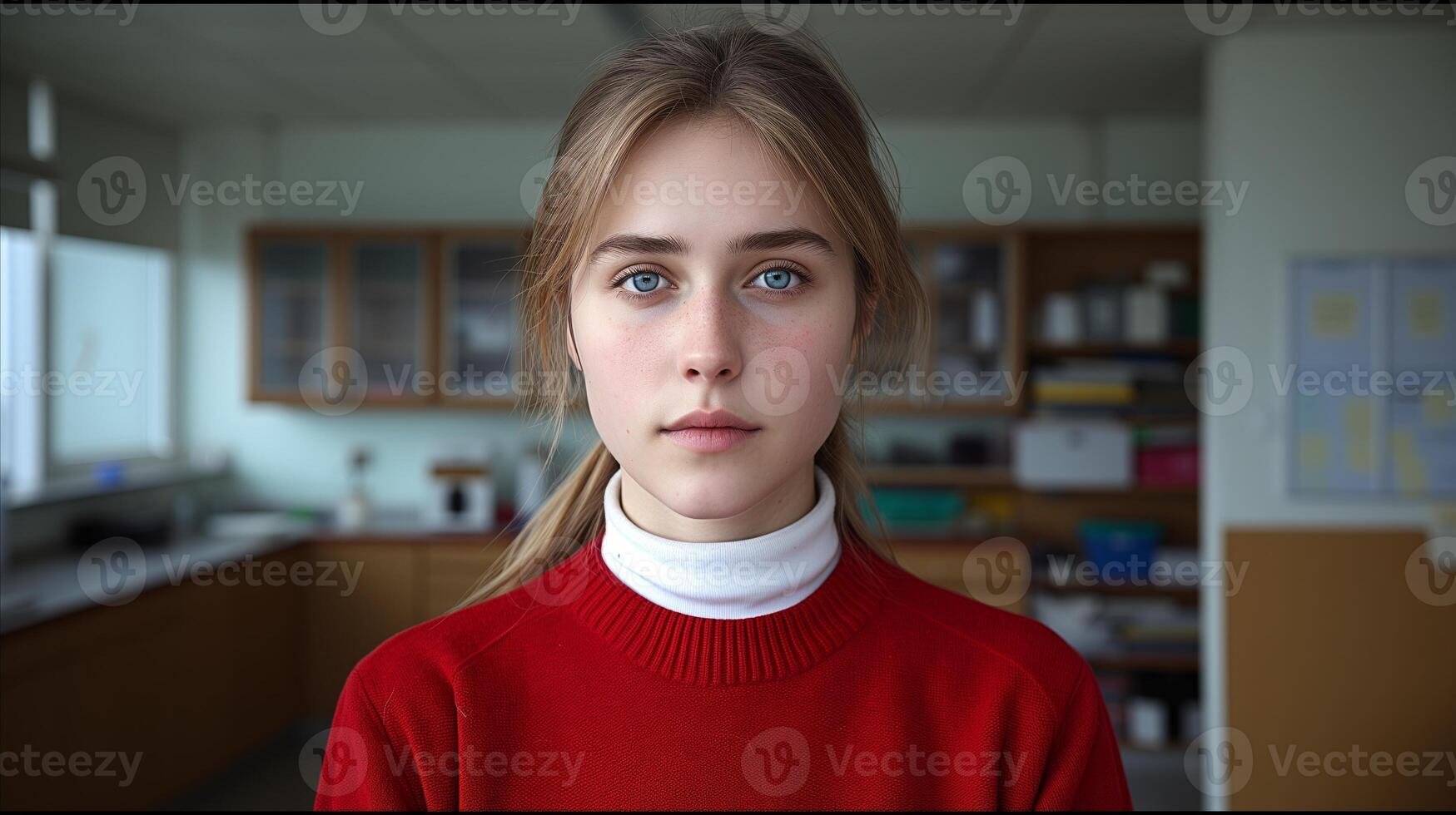 AI generated Serene young woman in red sweater with intense blue eyes at home photo