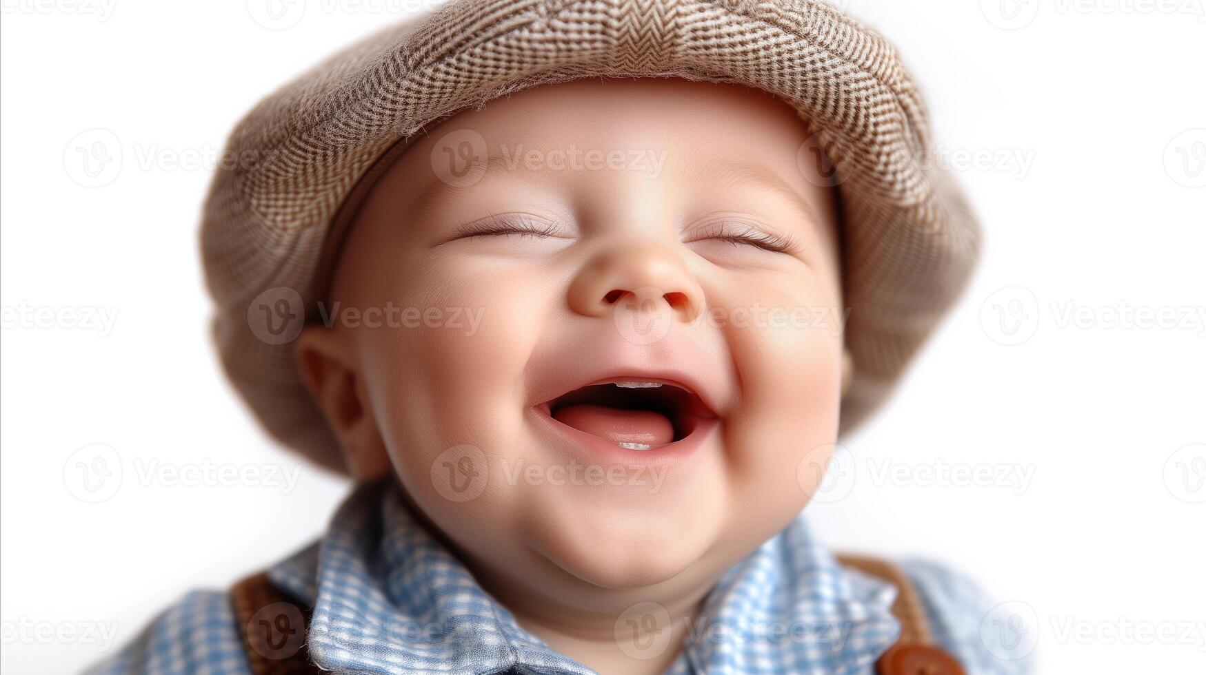 ai generado alegre bebé chico riendo vistiendo un linda plano gorra en blanco antecedentes foto