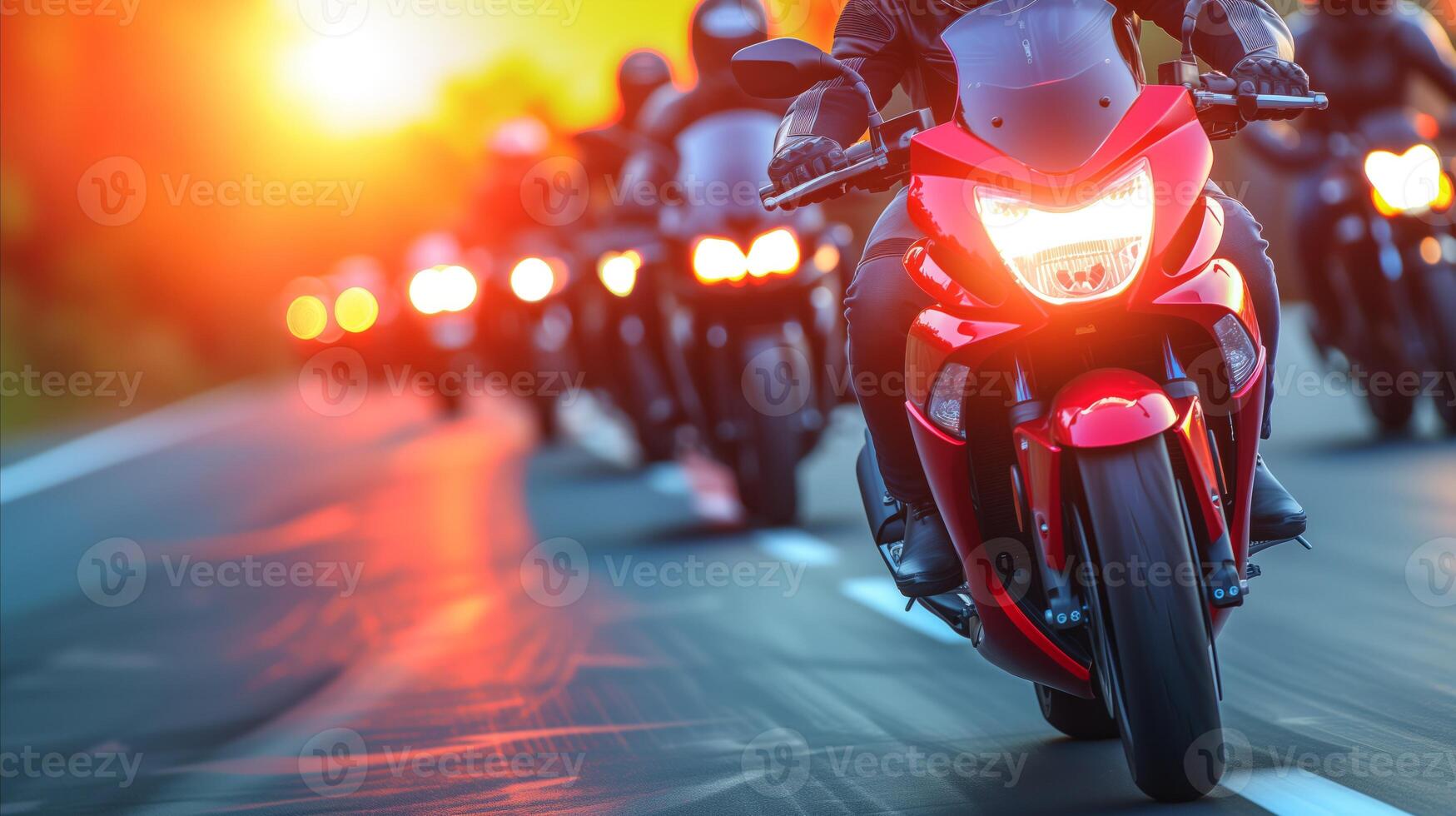 AI generated Motorcyclists riding together at sunset on open road photo