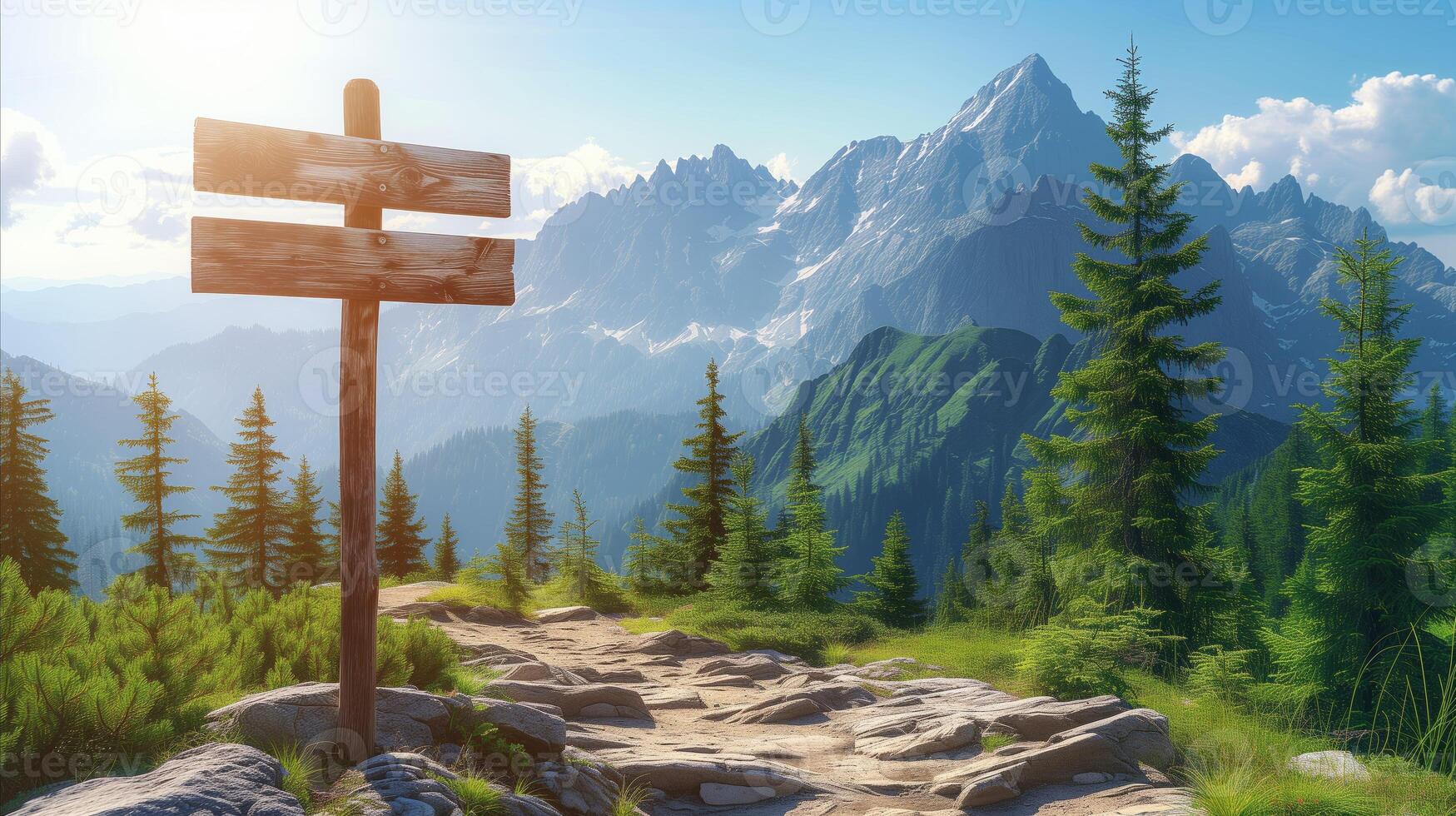 AI generated Empty directional signpost in majestic mountain landscape at sunrise photo