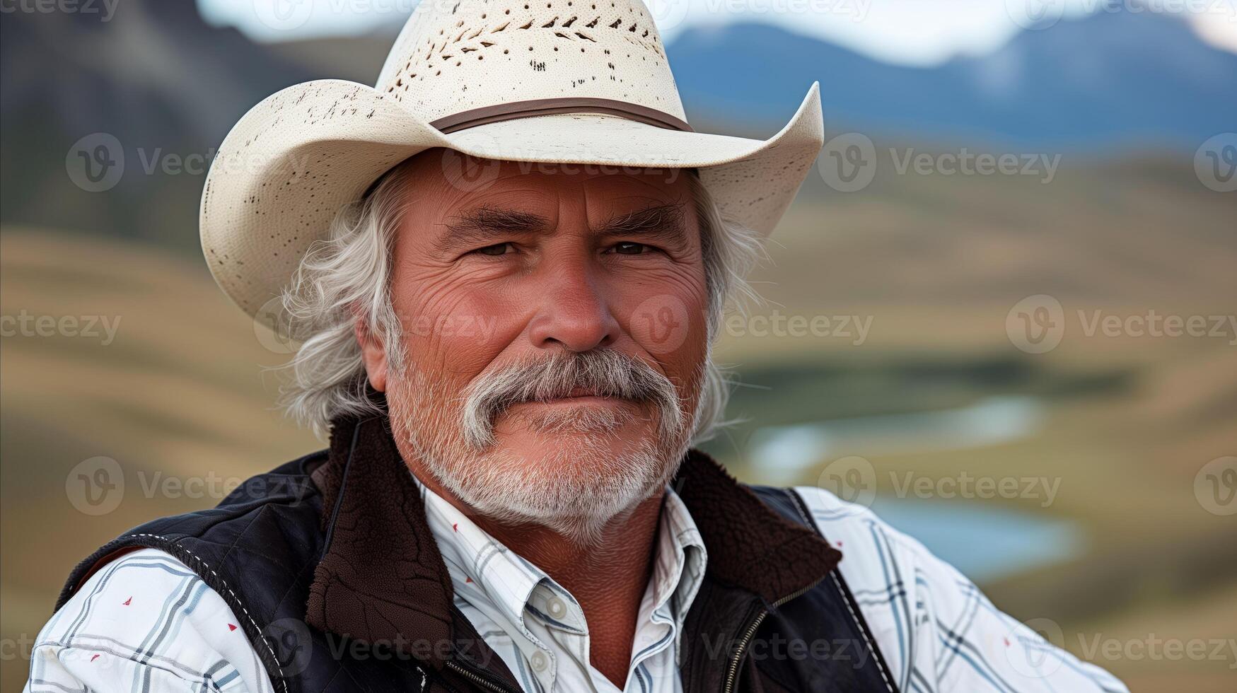AI generated Senior Cowboy in White Hat Smiling in Mountainous Region photo