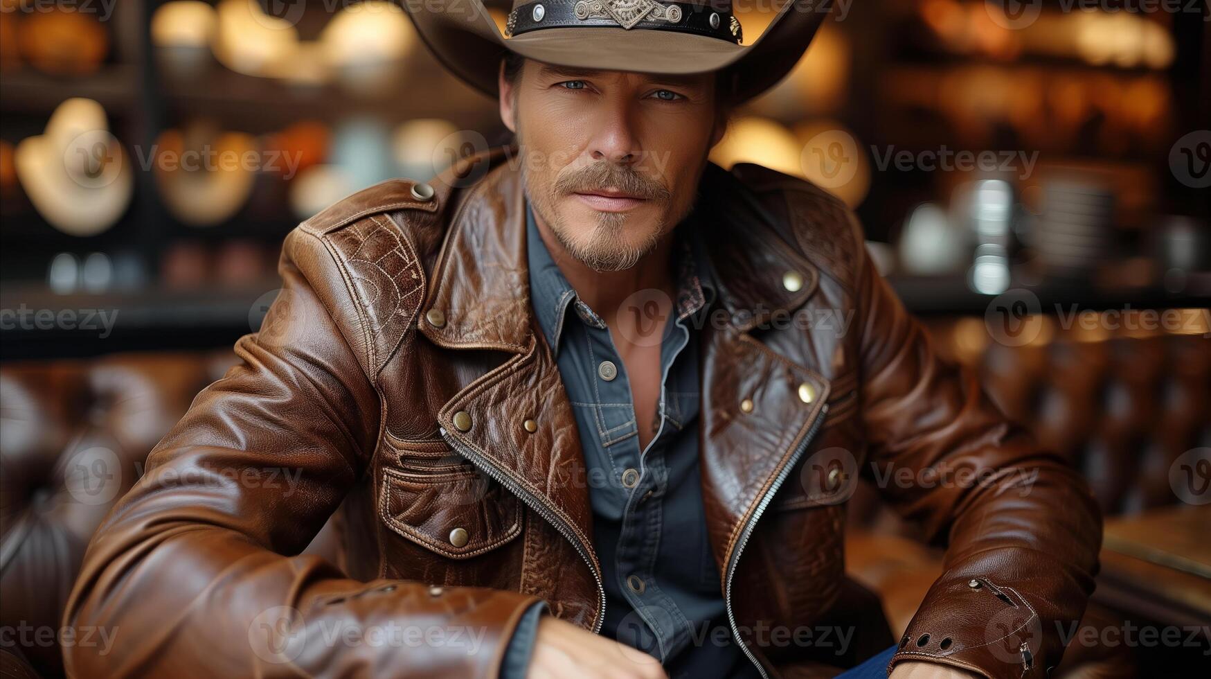 AI generated Handsome Cowboy in Leather Jacket Sitting at Wooden Table photo