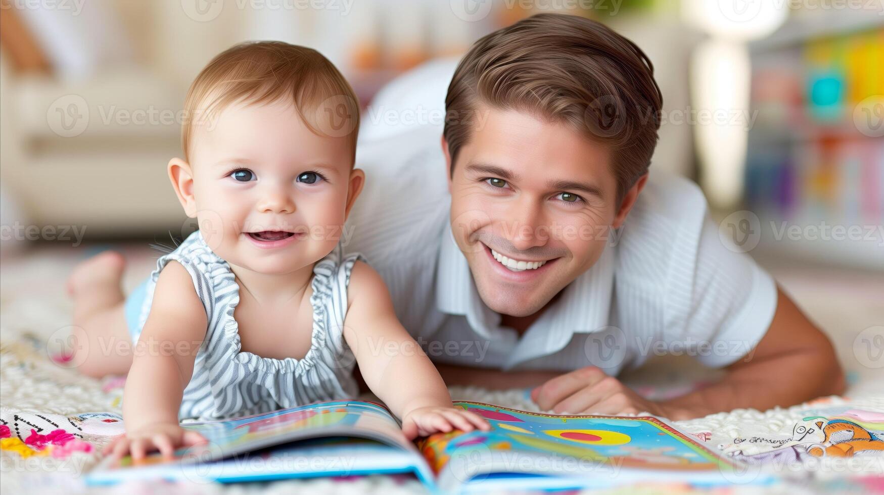 AI generated Smiling young father and baby playing with a colorful book at home photo