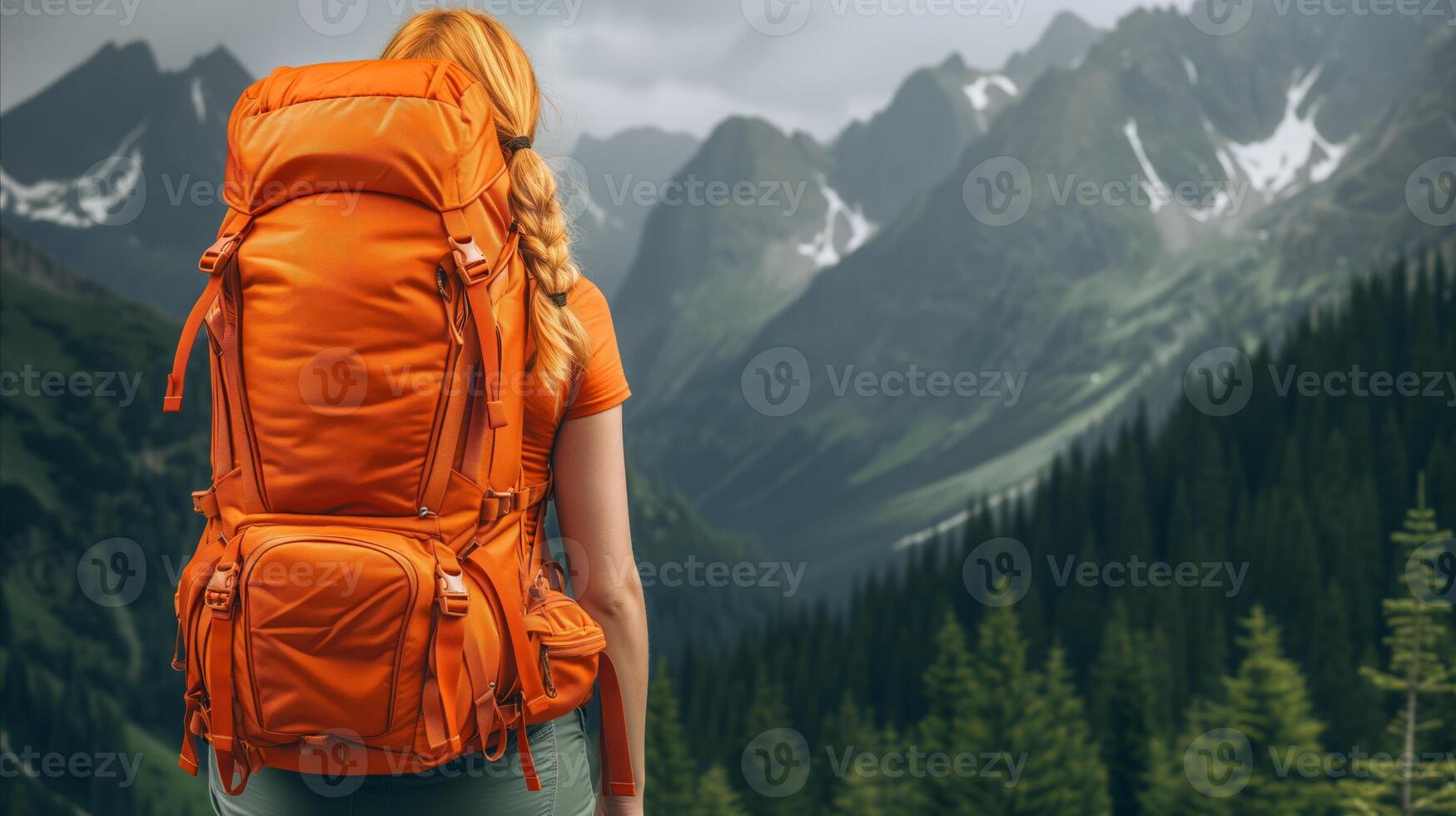 AI generated Solo Hiker Overlooking Mountainous Terrain at Dusk photo