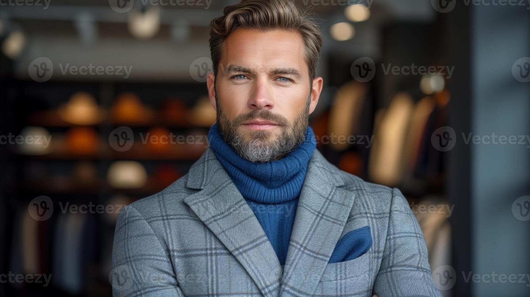 AI generated Stylish bearded man in a fashionable turtleneck and blazer photo