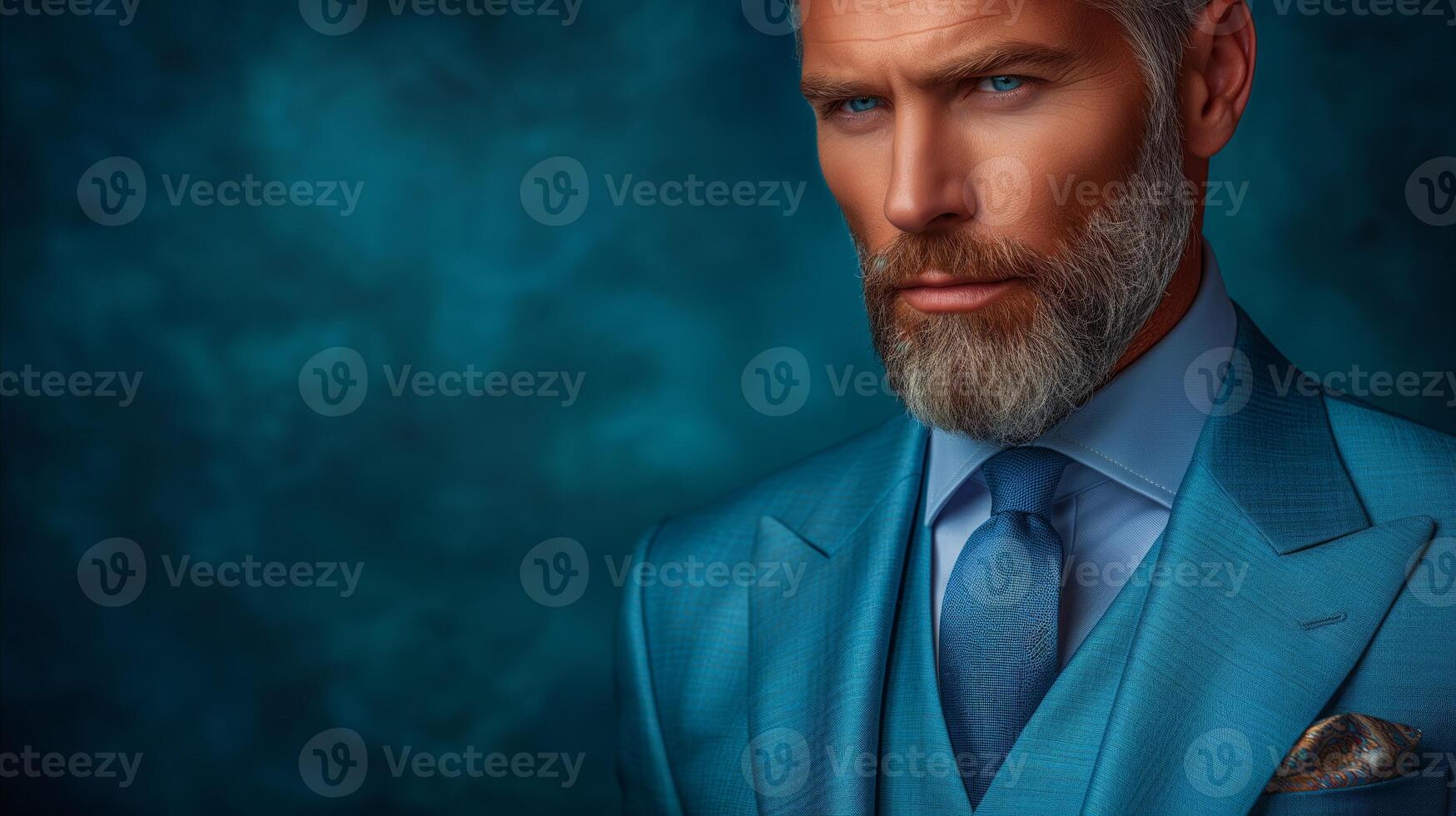 AI generated Distinguished Gentleman in Elegant Blue Suit Against Teal Background photo