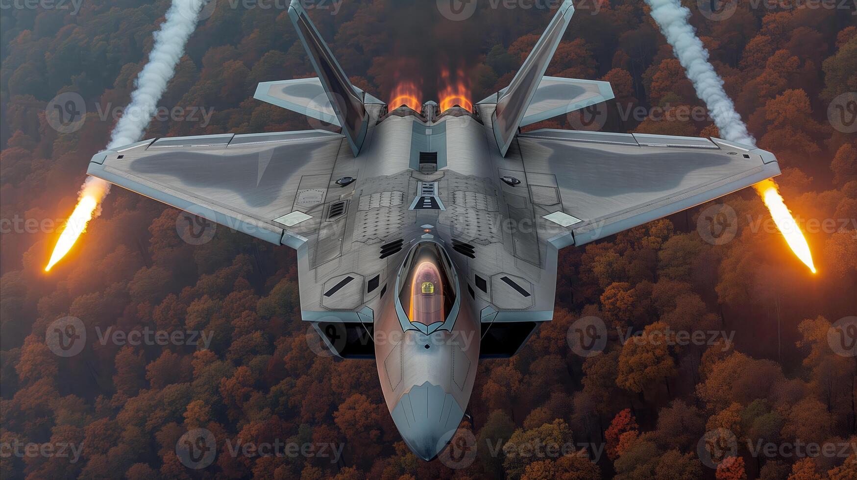 AI generated Advanced fighter jet performing maneuvers above autumn forest photo